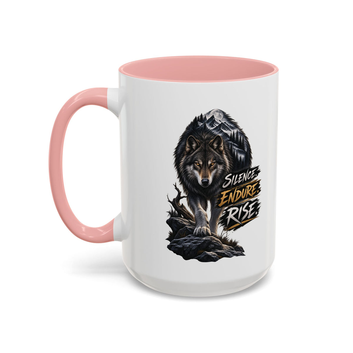 Wolf Graphic Coffee Mug — "Silence Endure Rise" Accent Ceramic Mug (11/15oz)