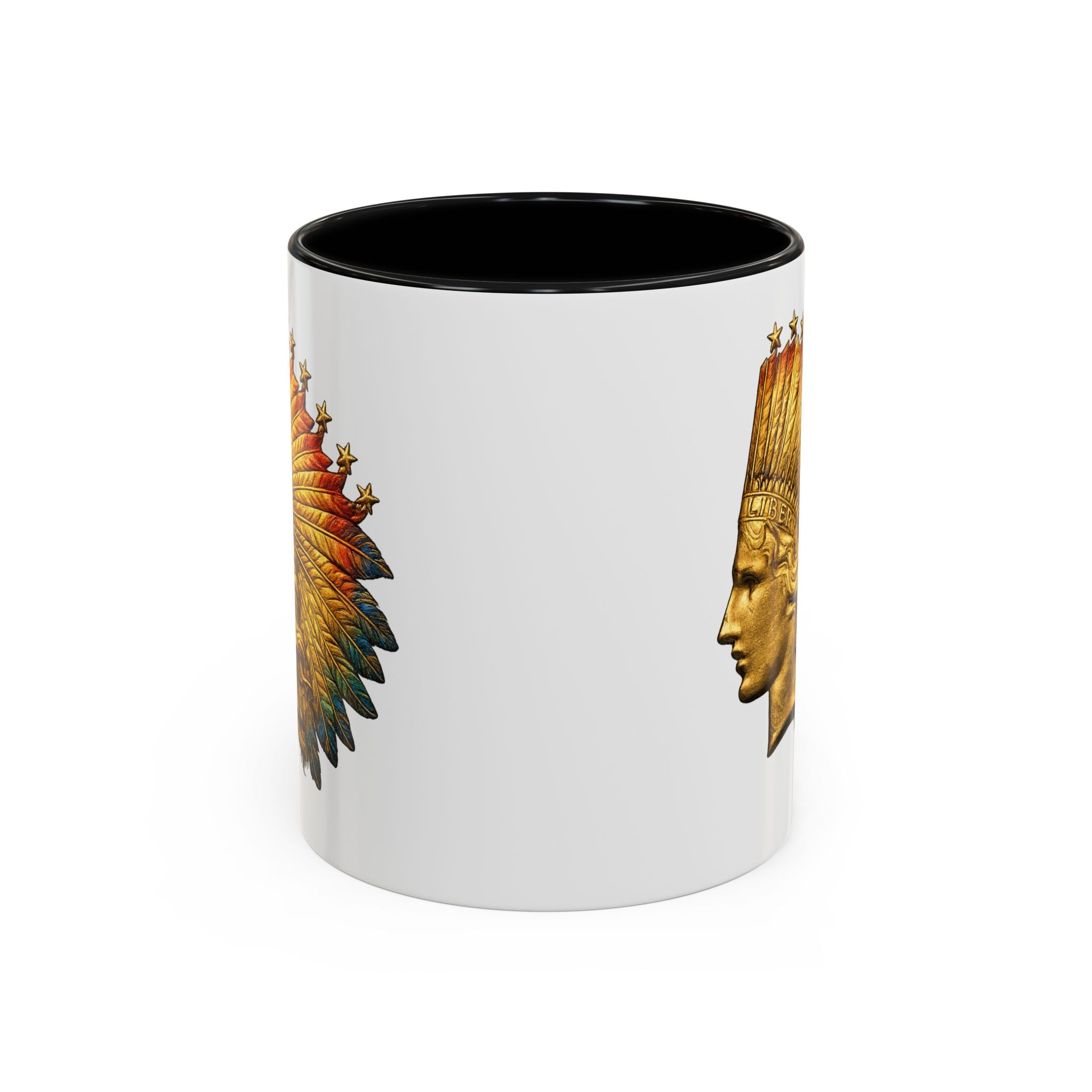 Golden Native Headdress Accent Coffee Mug – Vintage Indian Chief Design (11/15oz)