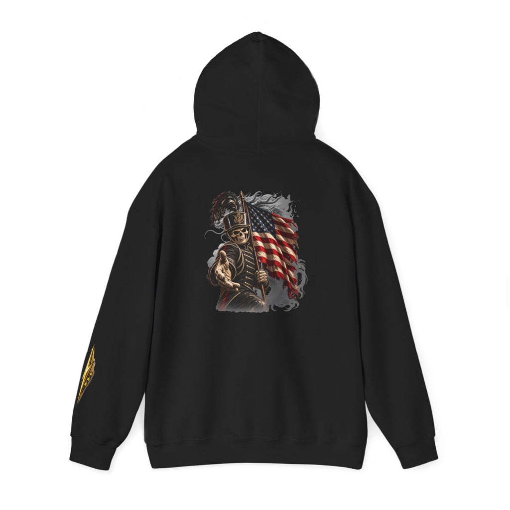 Patriotic Warrior Hoodie — American Flag Skull Back Graphic