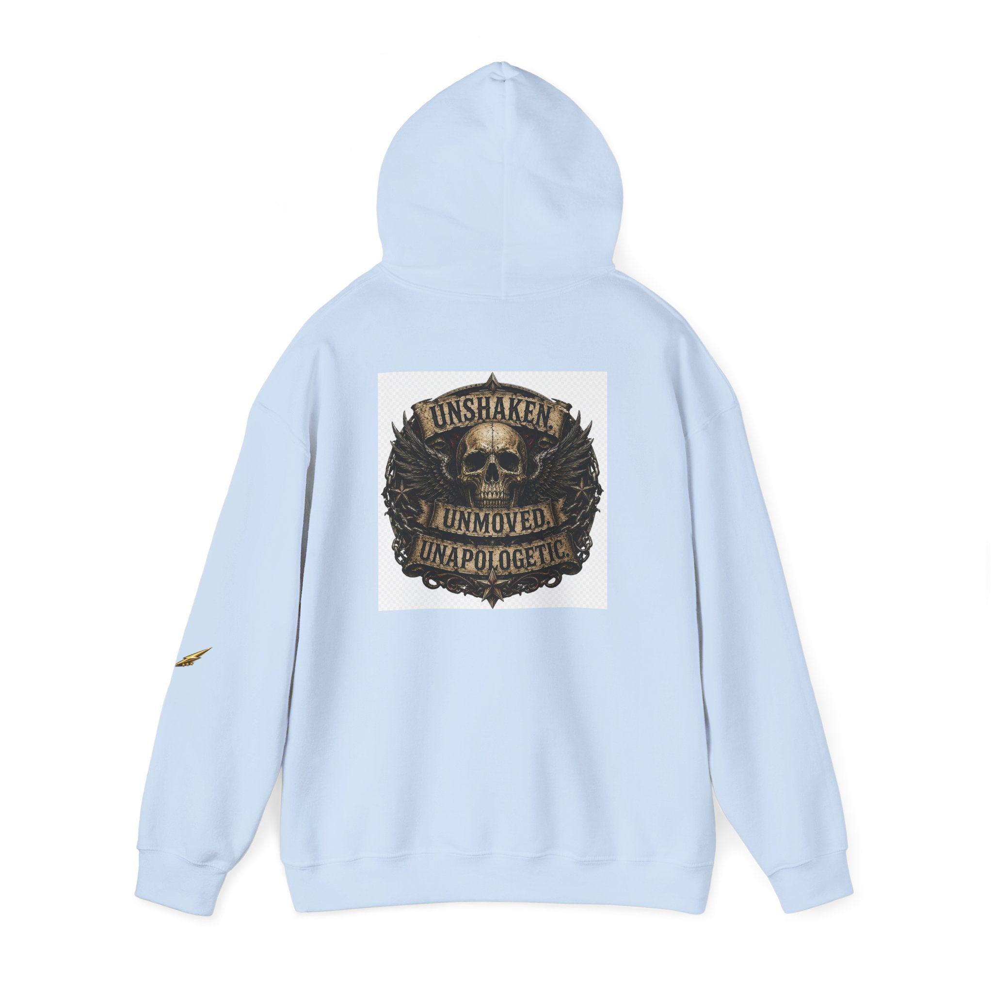 Hoodie — "Unshaken, Unmoved, Unapologetic" Skull Crest Back Print