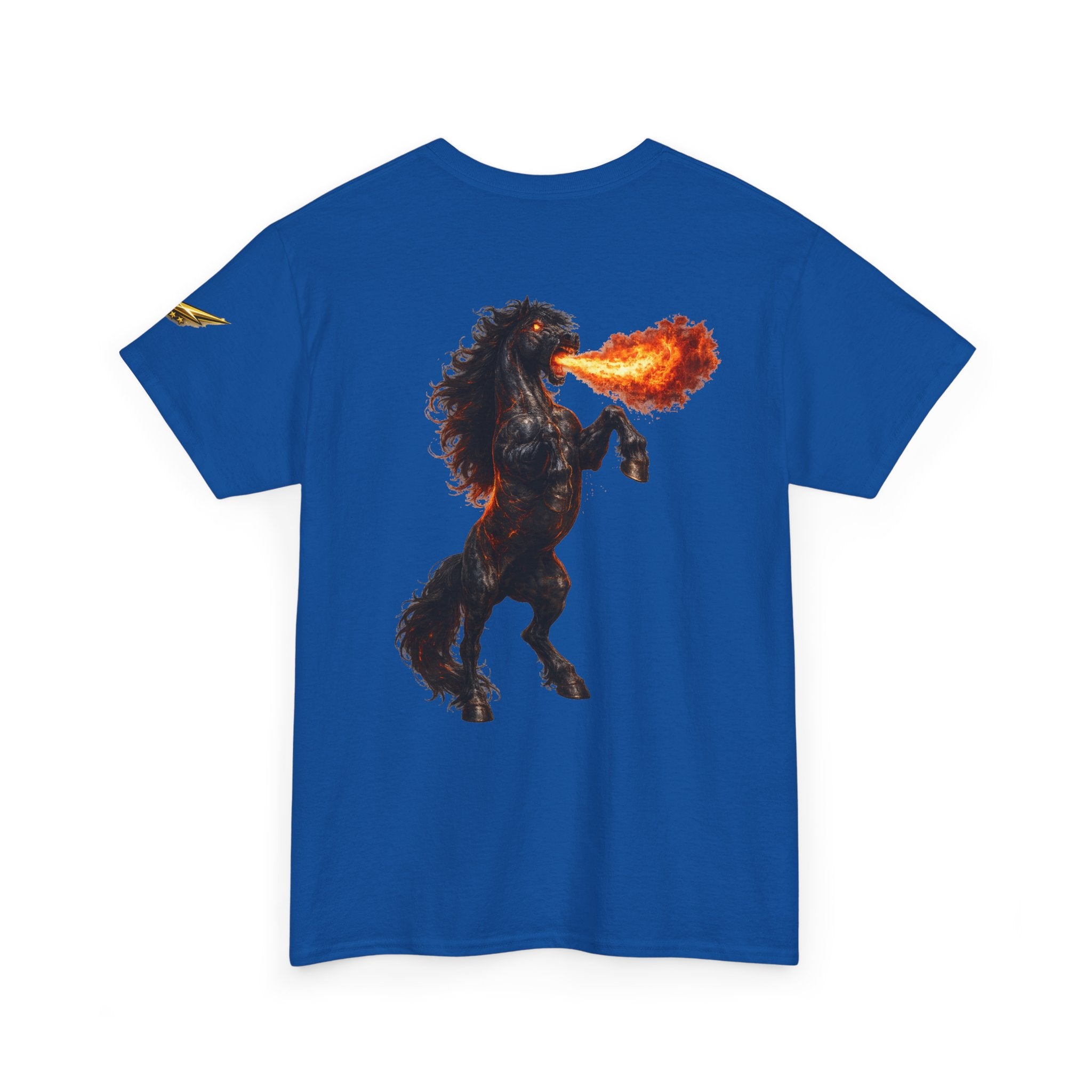 Fire-Breathing Horse Graphic Tee — Mythic Black Stallion Back Print