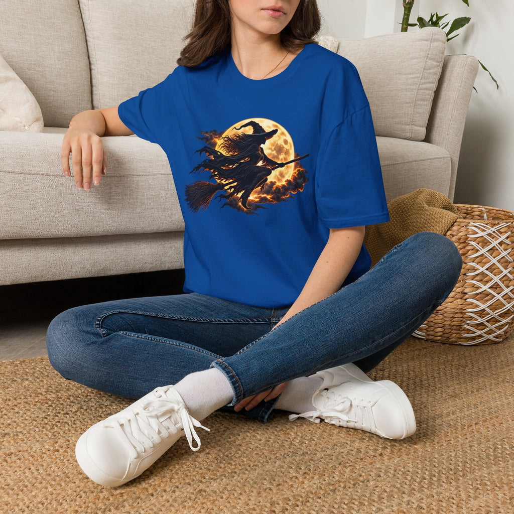 Witch Silhouette T-Shirt — Flying Witch & Full Moon Halloween Tee