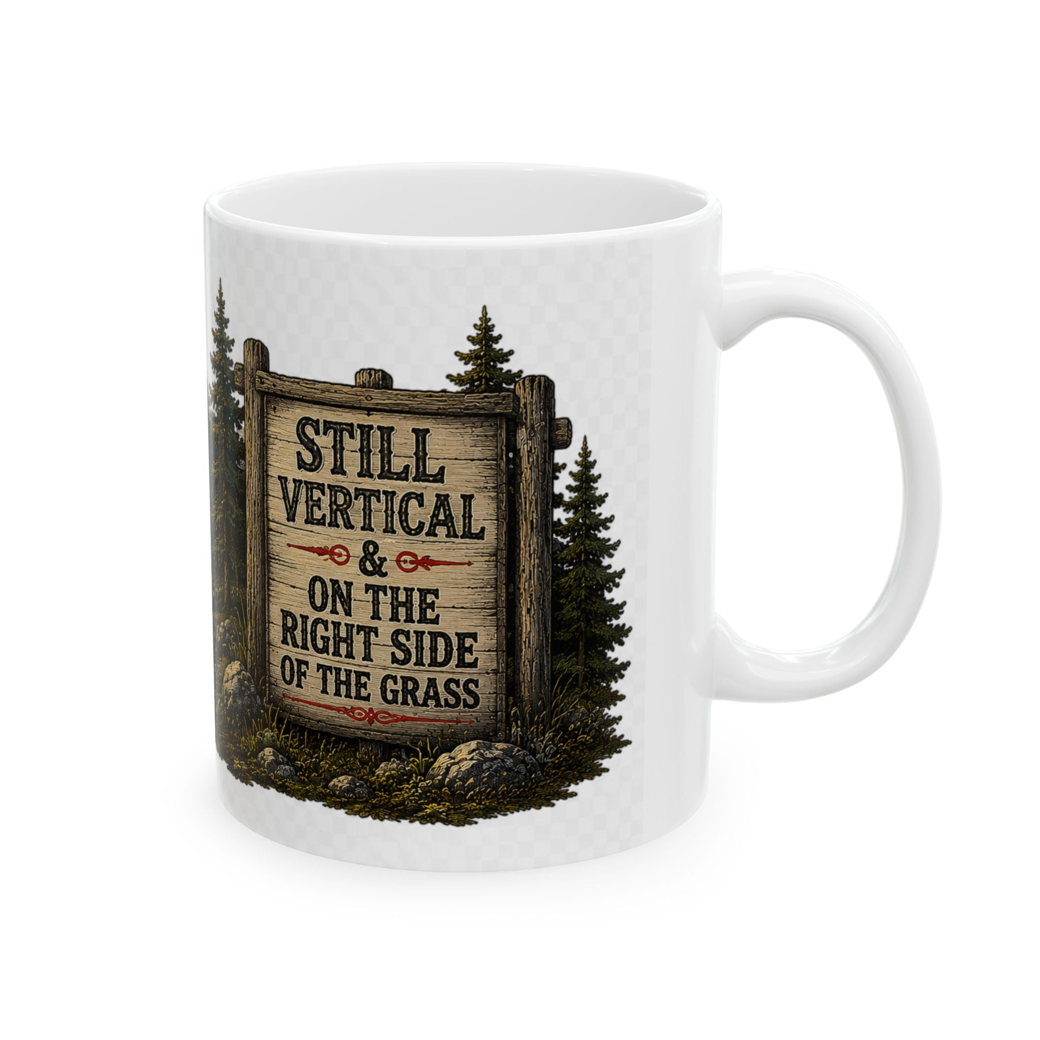 Sunrise Wilderness Ceramic Mug — Scenic Mountains & 'Seek Adventure' Sign (11oz, 15oz)