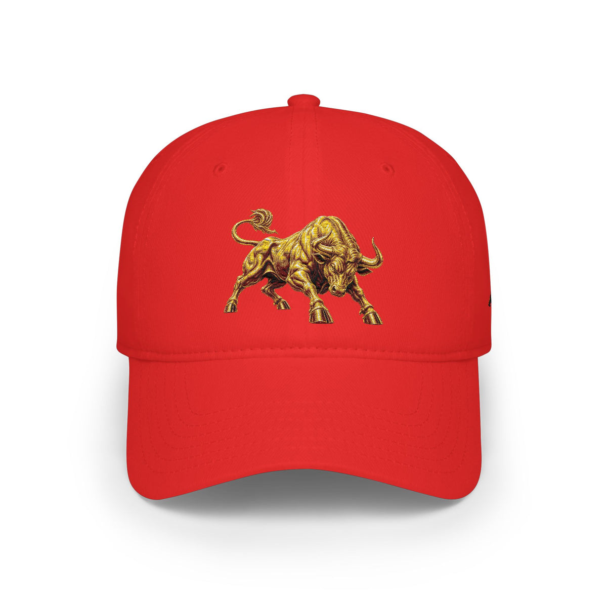 Gold Bull Embroidered Baseball Cap — Red Low Profile Hat for Stock Traders & Bold Streetwear