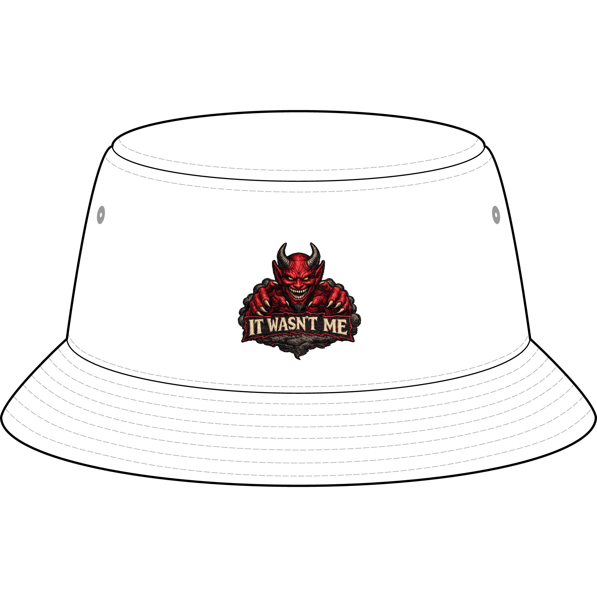 Bucket Hat — Retro Devil "It Wasn't Me" & Gold Lightning Embroidered Bucket Hat