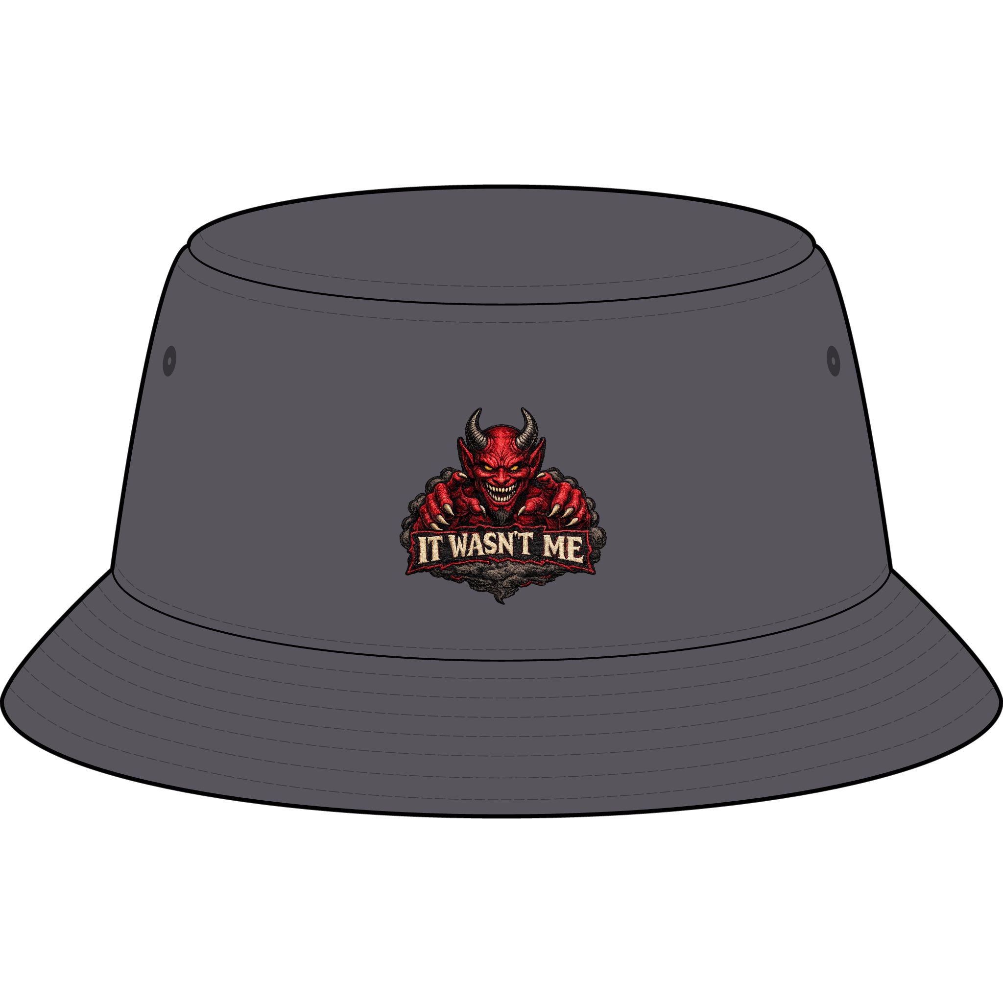 Bucket Hat — Retro Devil "It Wasn't Me" & Gold Lightning Embroidered Bucket Hat