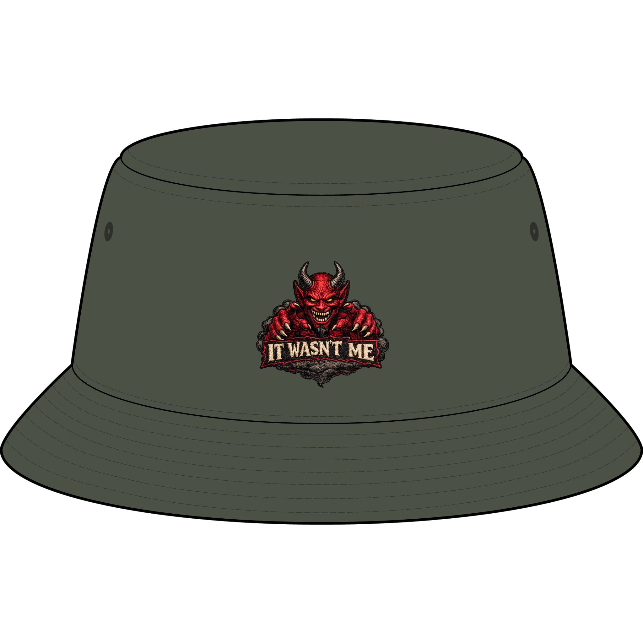 Bucket Hat — Retro Devil "It Wasn't Me" & Gold Lightning Embroidered Bucket Hat