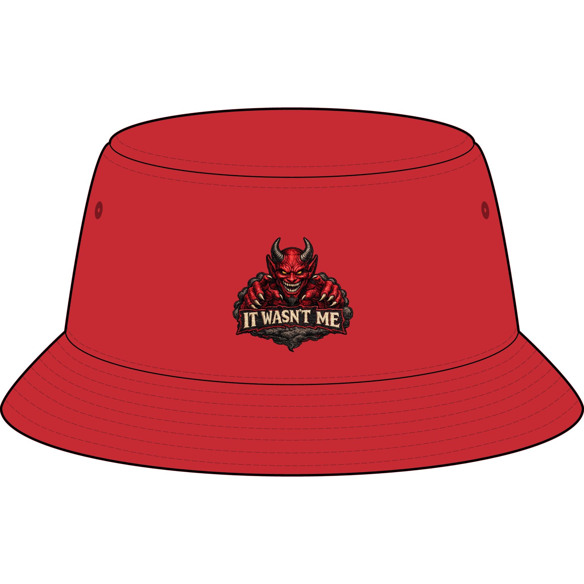 Bucket Hat — Retro Devil "It Wasn't Me" & Gold Lightning Embroidered Bucket Hat