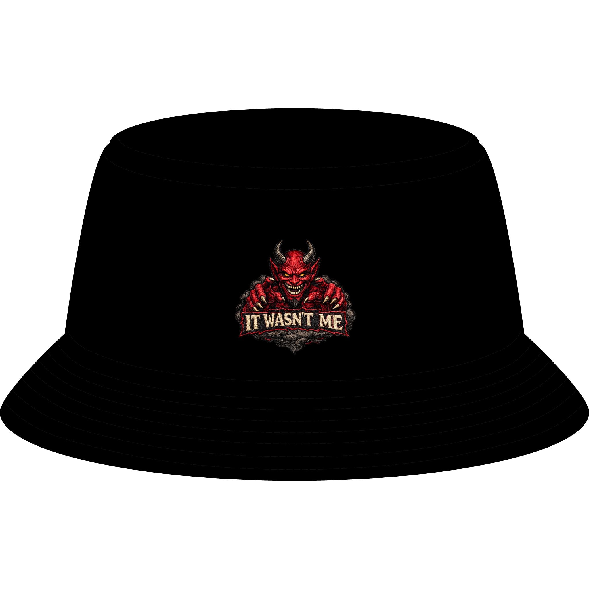 Bucket Hat — Retro Devil "It Wasn't Me" & Gold Lightning Embroidered Bucket Hat