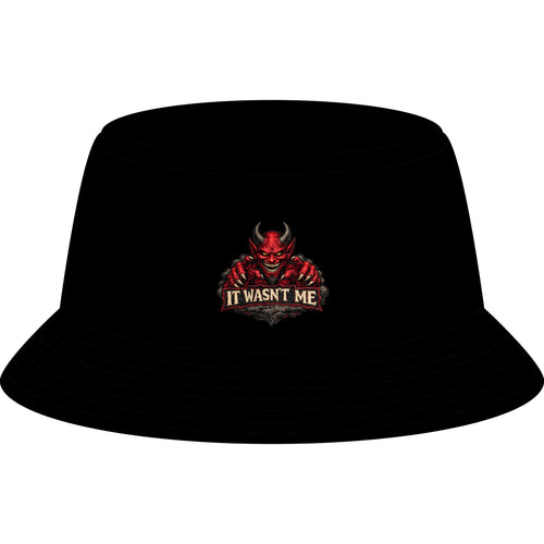 Bucket Hat — Retro Devil "It Wasn't Me" & Gold Lightning Embroidered Bucket Hat