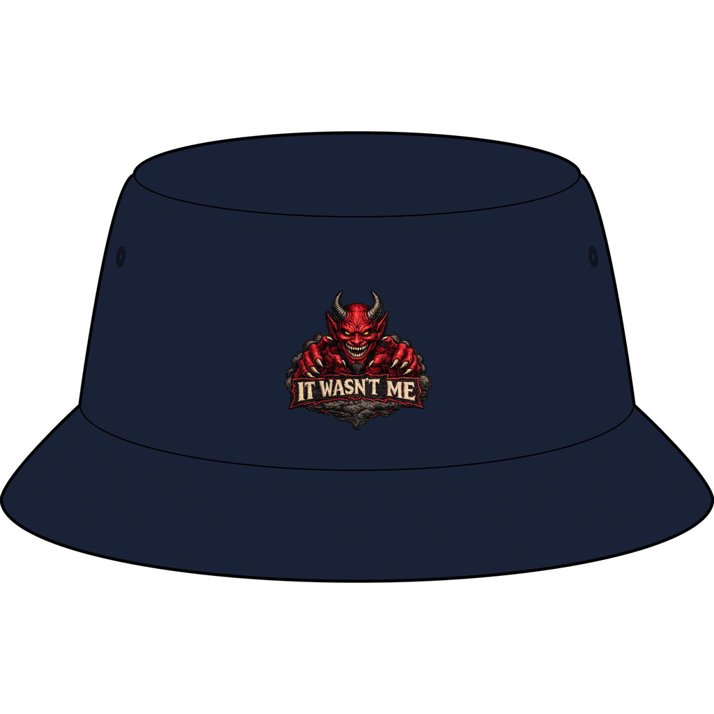 Bucket Hat — Retro Devil "It Wasn't Me" & Gold Lightning Embroidered Bucket Hat