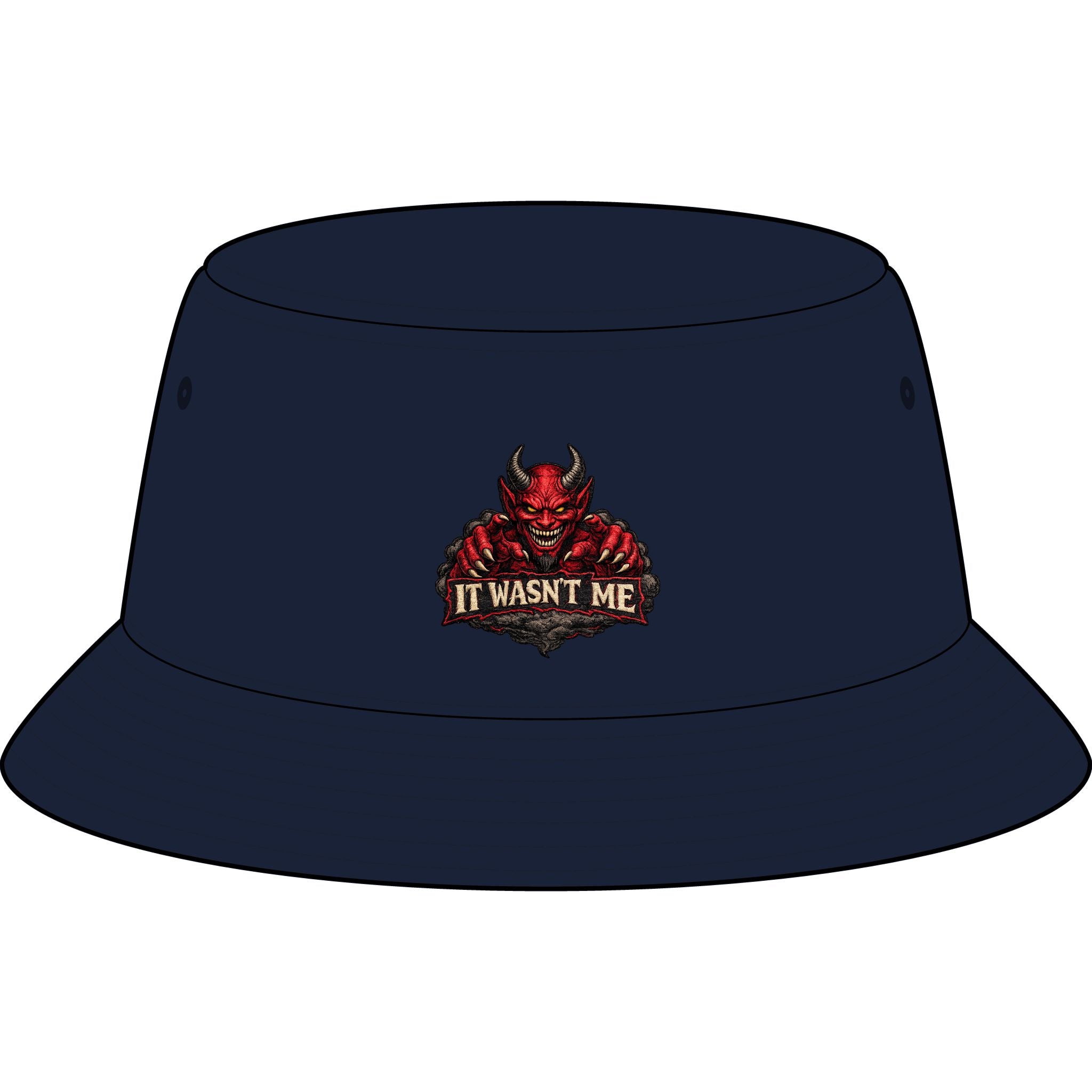 Bucket Hat — Retro Devil "It Wasn't Me" & Gold Lightning Embroidered Bucket Hat