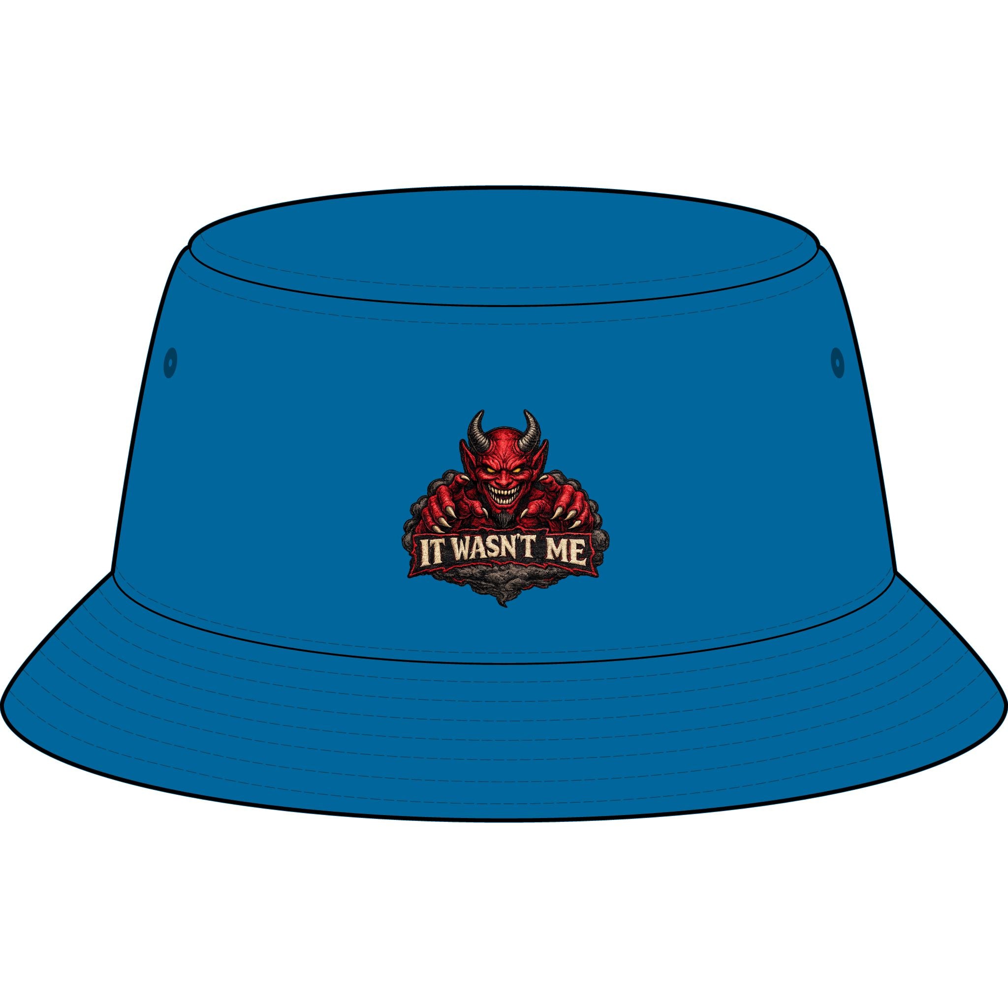 Bucket Hat — Retro Devil "It Wasn't Me" & Gold Lightning Embroidered Bucket Hat