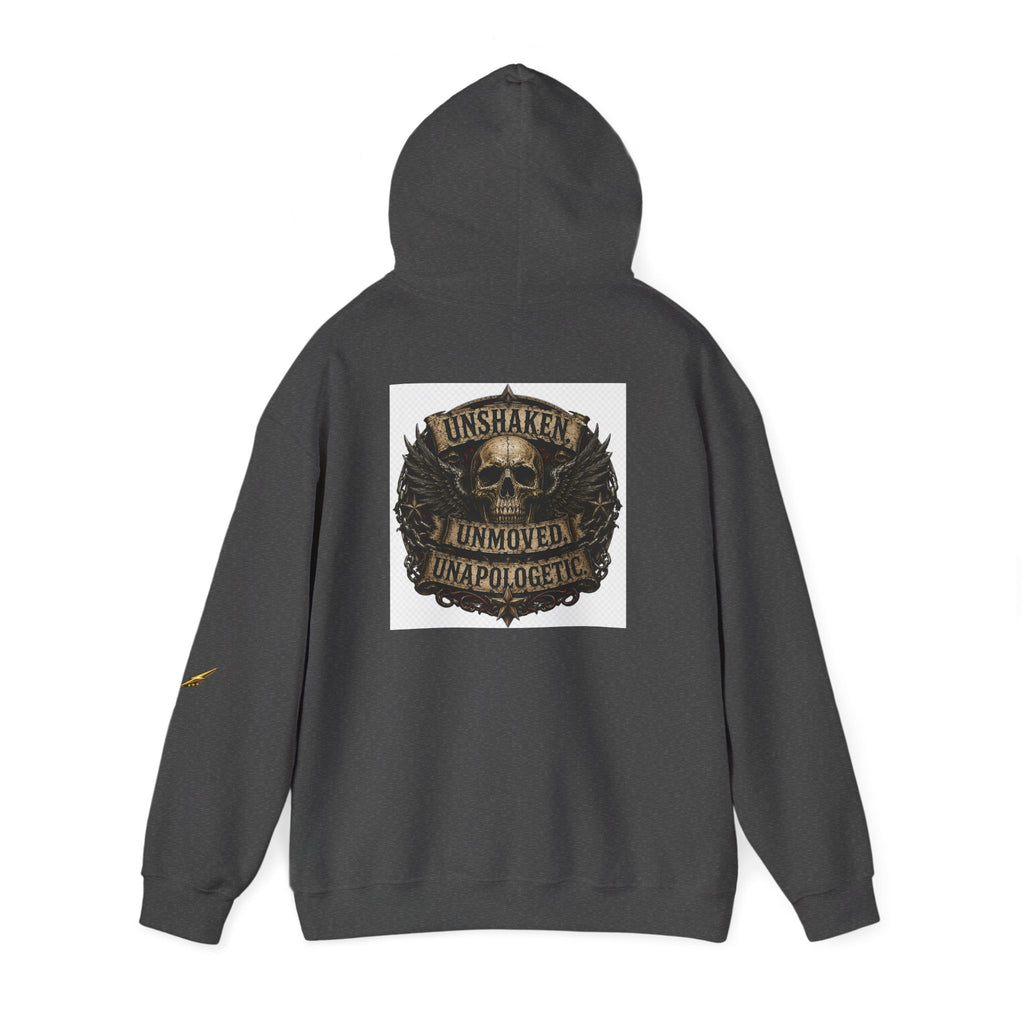 Hoodie — "Unshaken, Unmoved, Unapologetic" Skull Crest Back Print