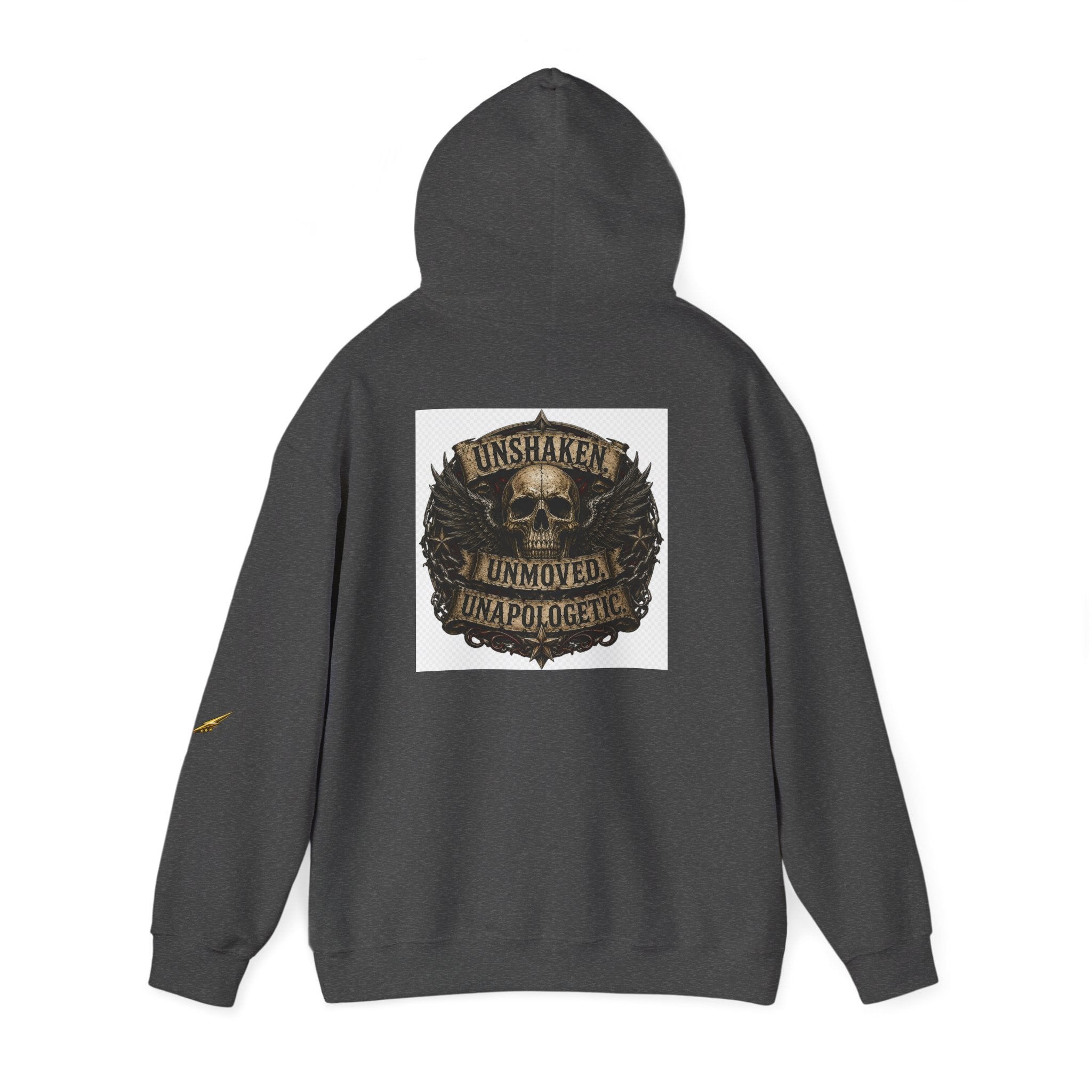 Hoodie — "Unshaken, Unmoved, Unapologetic" Skull Crest Back Print