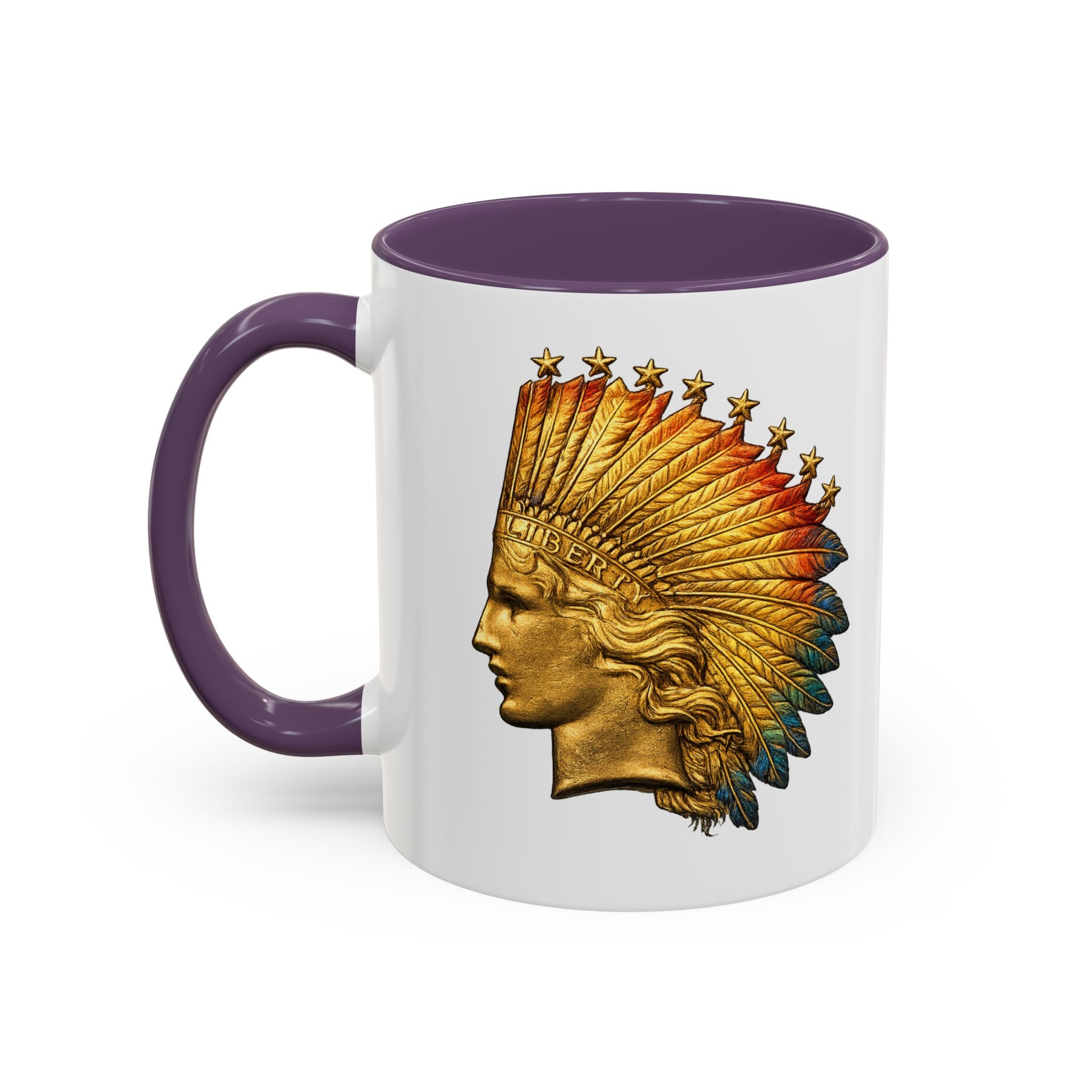 Golden Native Headdress Accent Coffee Mug – Vintage Indian Chief Design (11/15oz)