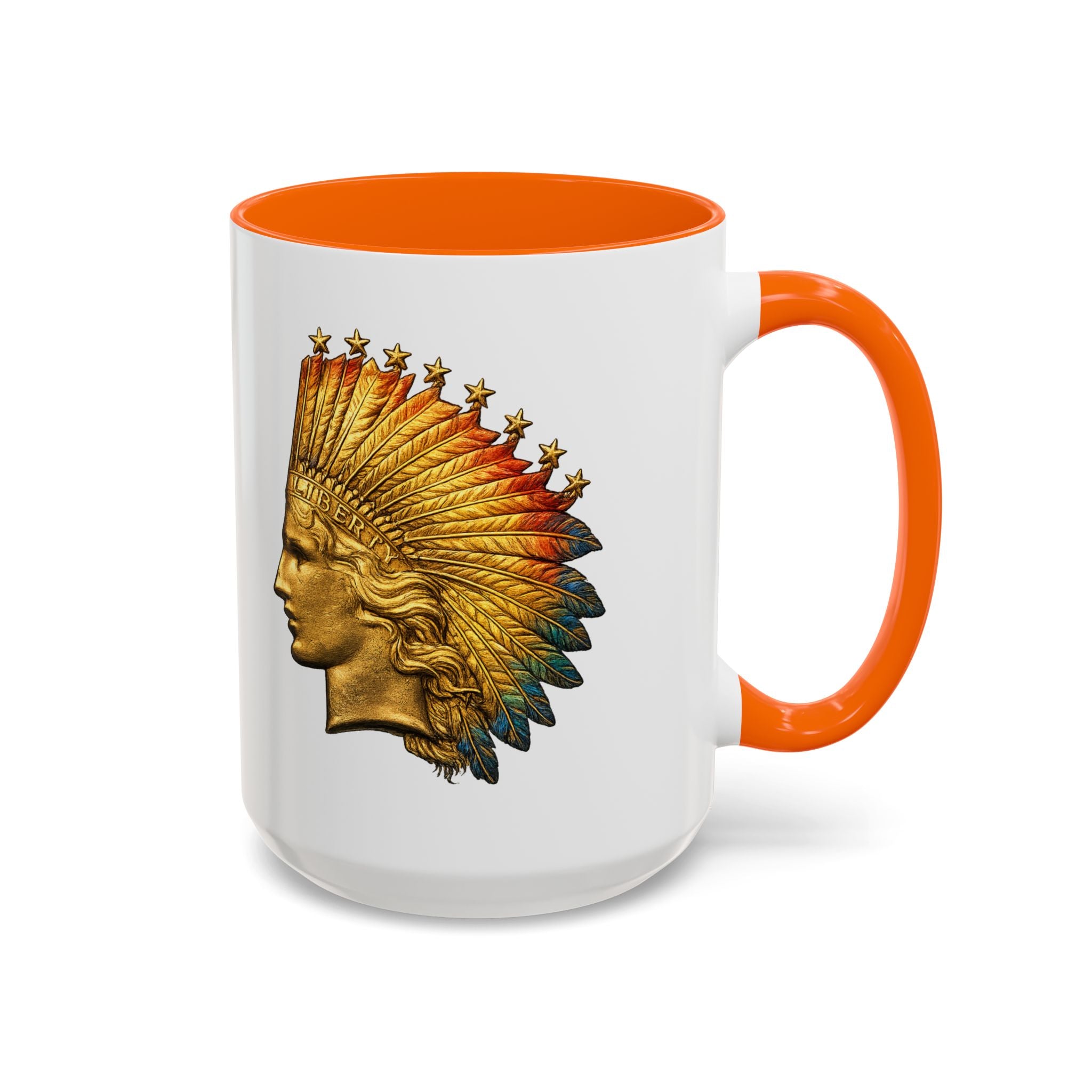 Golden Native Headdress Accent Coffee Mug – Vintage Indian Chief Design (11/15oz)