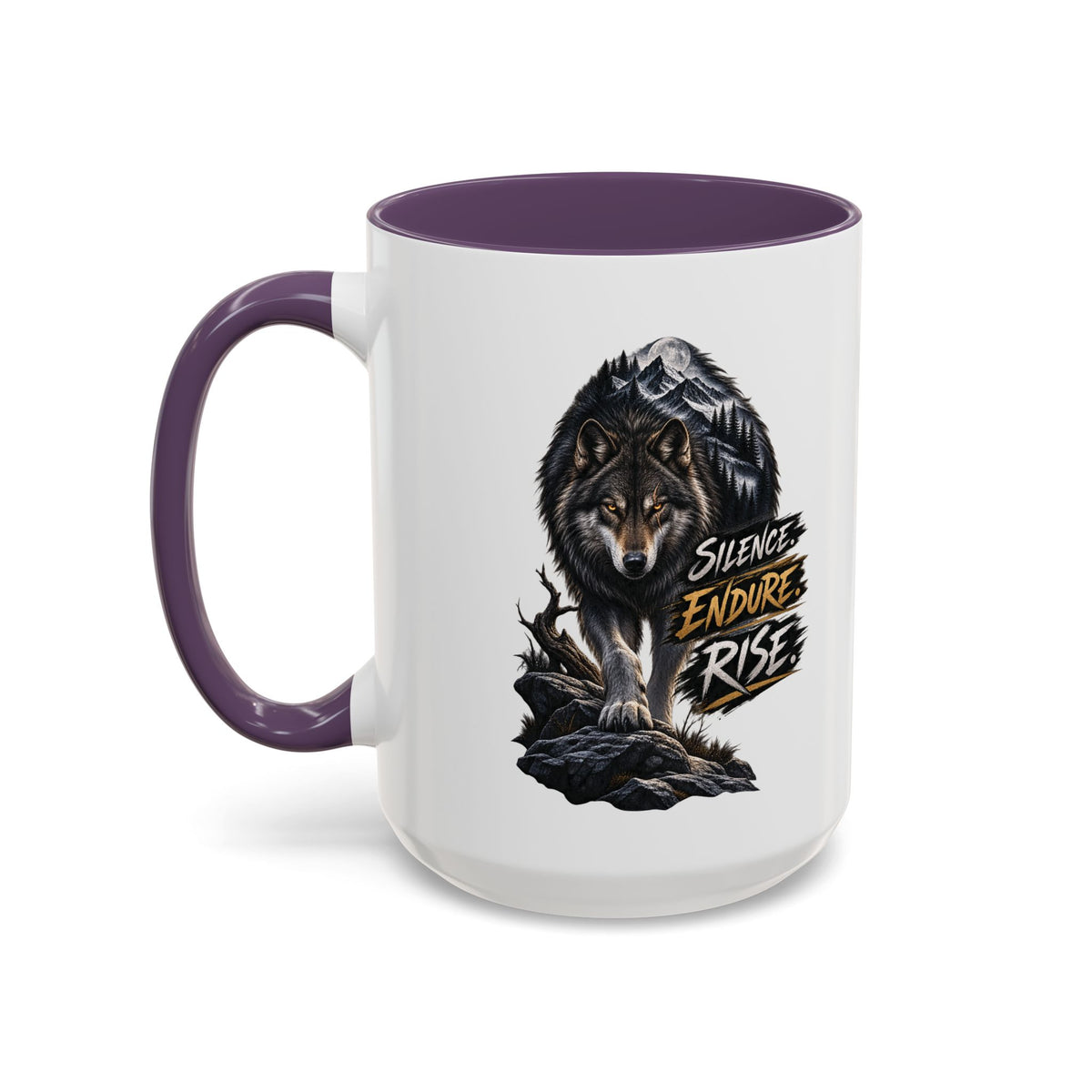 Wolf Graphic Coffee Mug — "Silence Endure Rise" Accent Ceramic Mug (11/15oz)