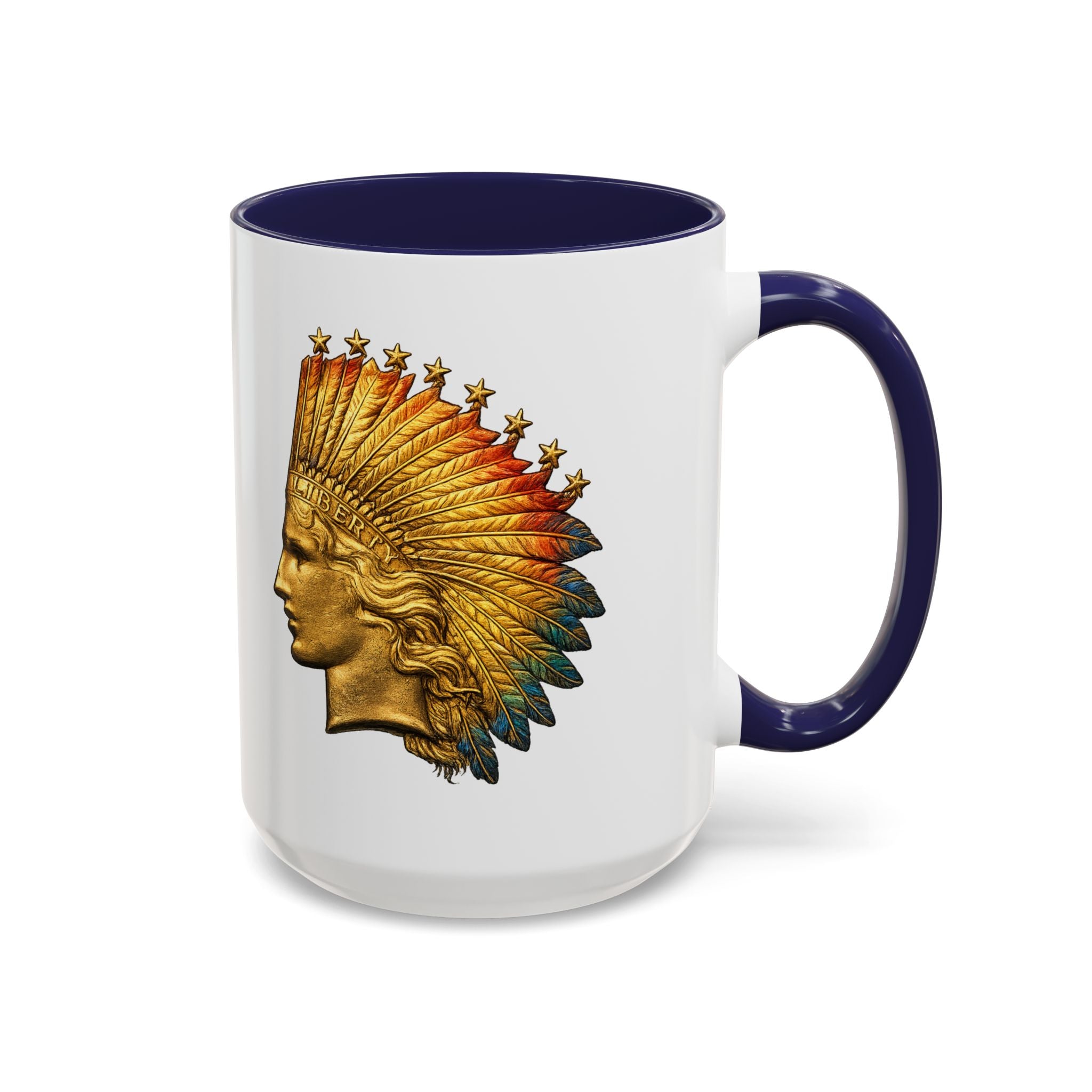 Golden Native Headdress Accent Coffee Mug – Vintage Indian Chief Design (11/15oz)