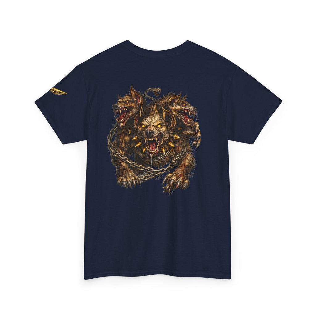 Three-Headed Hellhound Graphic Tee — Mythic Wolf Monster Back Print