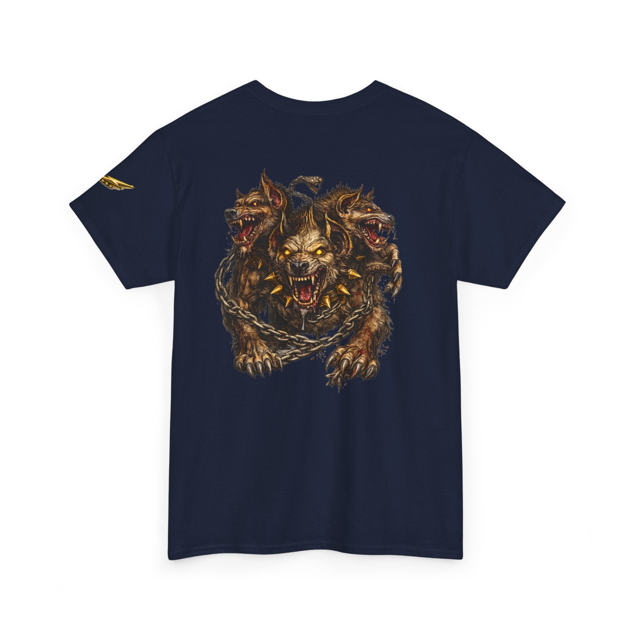 Three-Headed Hellhound Graphic Tee — Mythic Wolf Monster Back Print