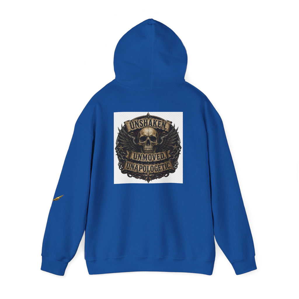 Hoodie — "Unshaken, Unmoved, Unapologetic" Skull Crest Back Print
