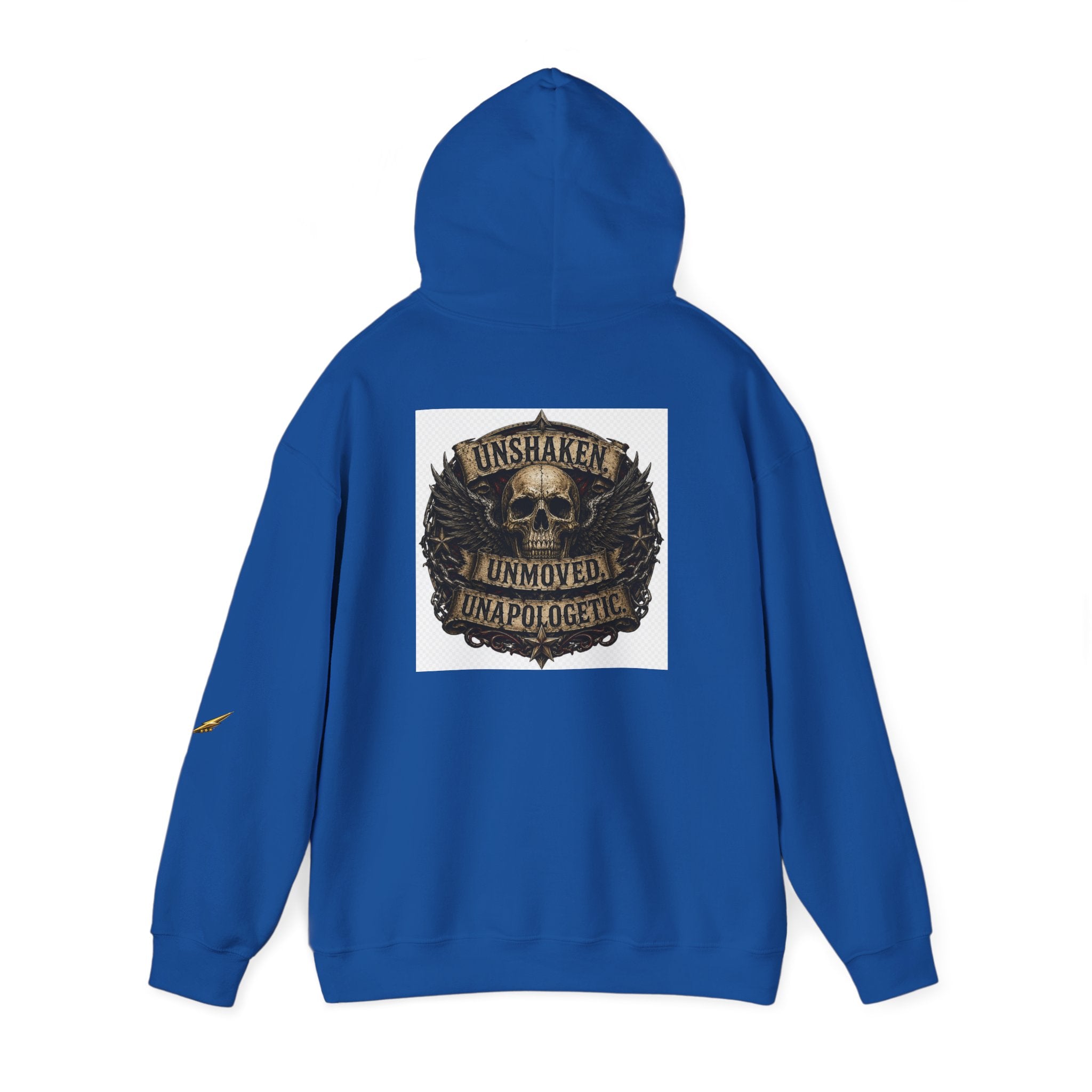 Hoodie — "Unshaken, Unmoved, Unapologetic" Skull Crest Back Print
