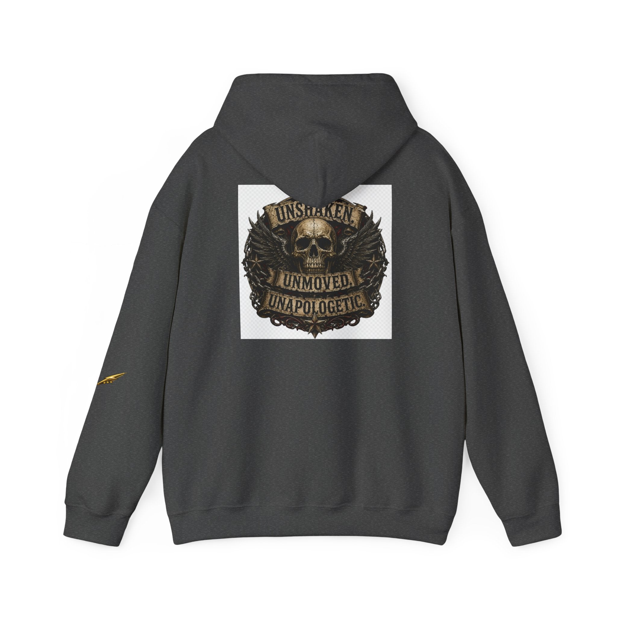 Hoodie — "Unshaken, Unmoved, Unapologetic" Skull Crest Back Print