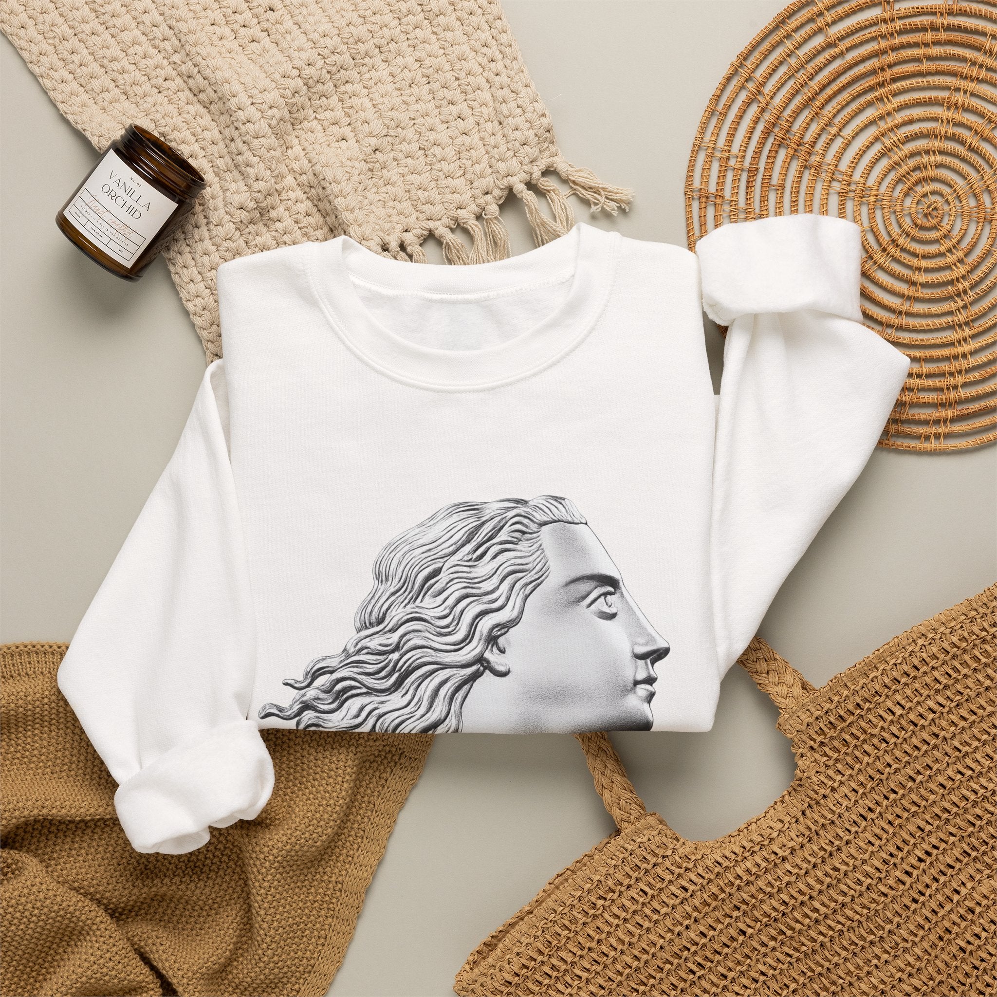 Classical Statue Profile Crewneck Sweatshirt — Sculpted Grecian Head Graphic
