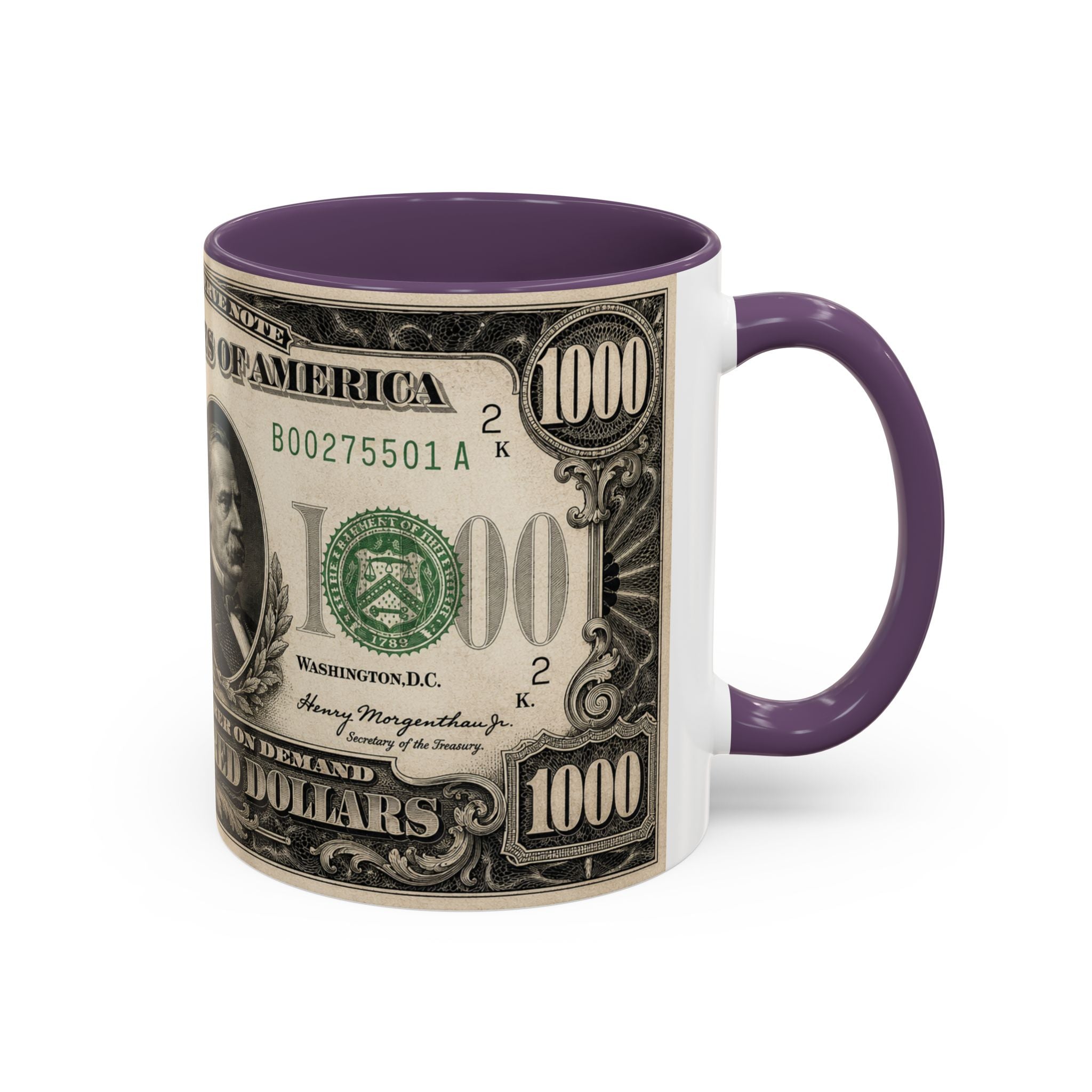 Money Print Coffee Mug — Vintage 1000 & 500 Note Accent Mug