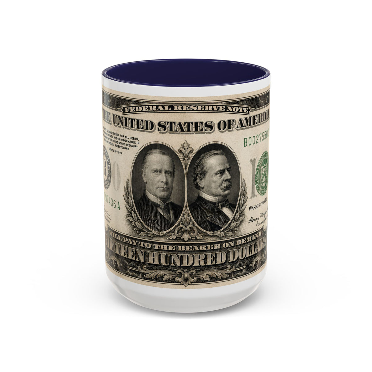 Money Print Coffee Mug — Vintage 1000 & 500 Note Accent Mug