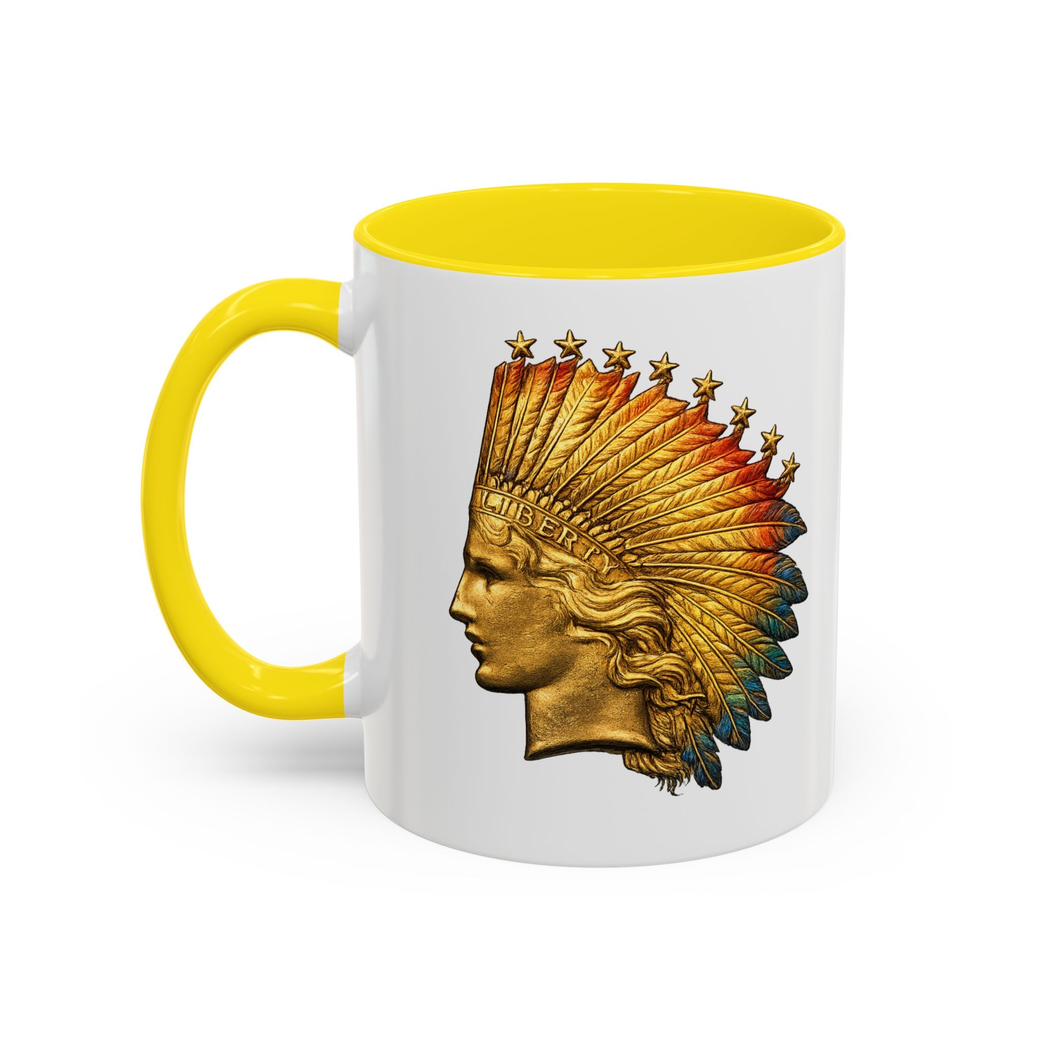 Golden Native Headdress Accent Coffee Mug – Vintage Indian Chief Design (11/15oz)