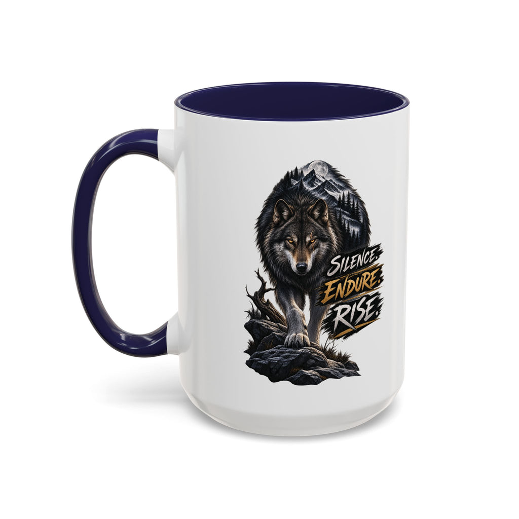 Wolf Graphic Coffee Mug — "Silence Endure Rise" Accent Ceramic Mug (11/15oz)
