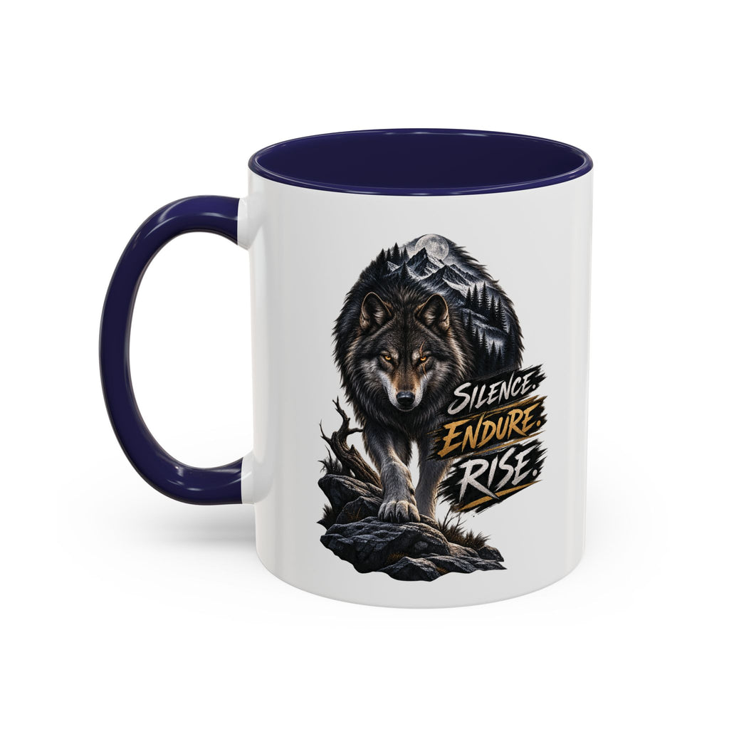 Wolf Graphic Coffee Mug — "Silence Endure Rise" Accent Ceramic Mug (11/15oz)
