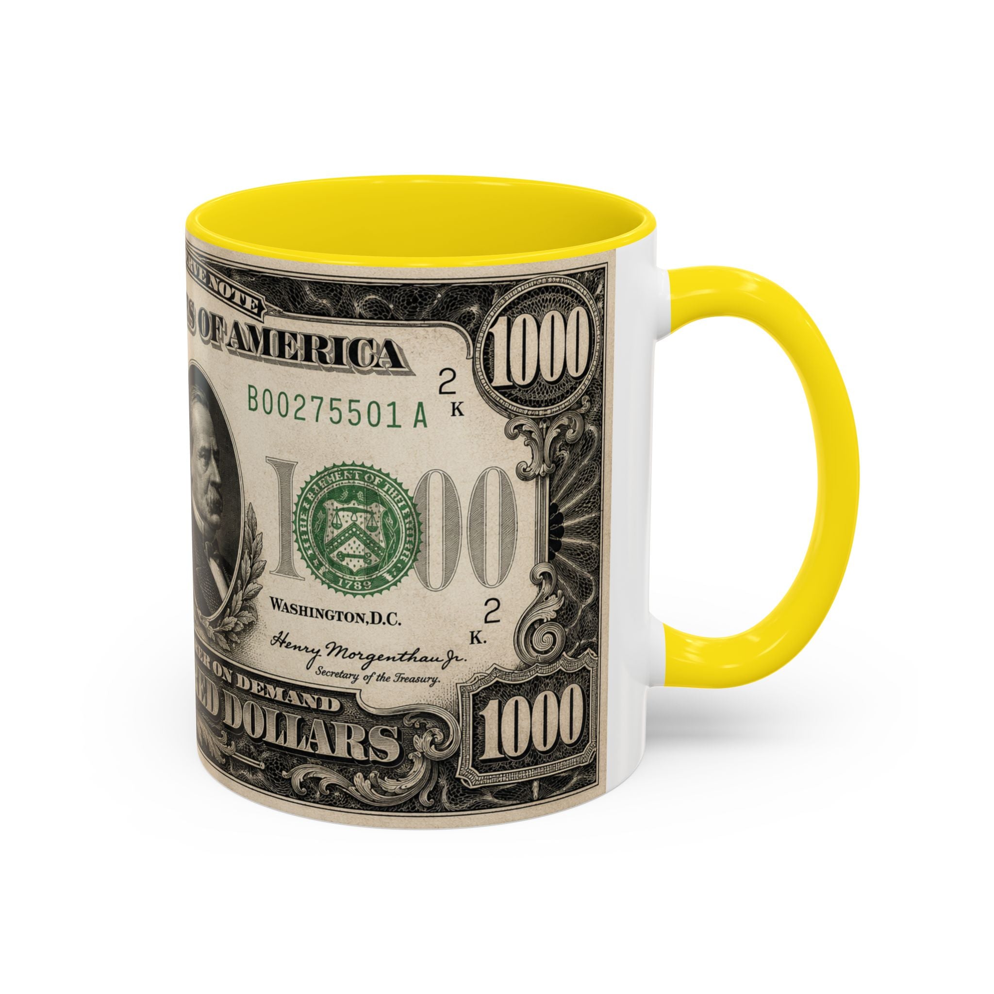 Money Print Coffee Mug — Vintage 1000 & 500 Note Accent Mug