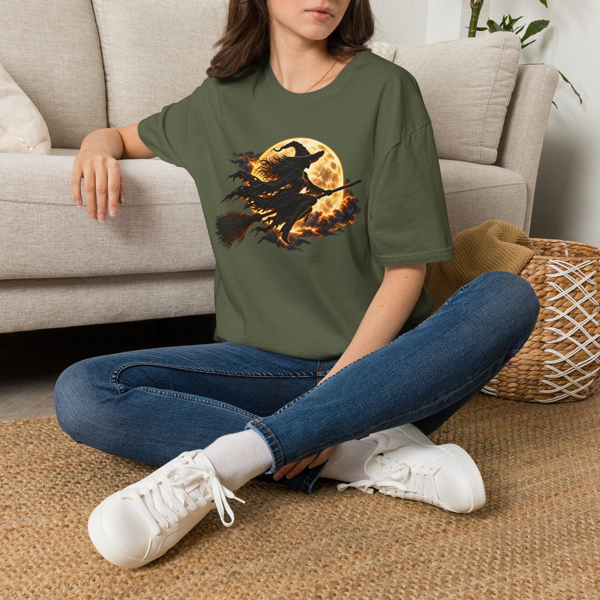 Witch Silhouette T-Shirt — Flying Witch & Full Moon Halloween Tee