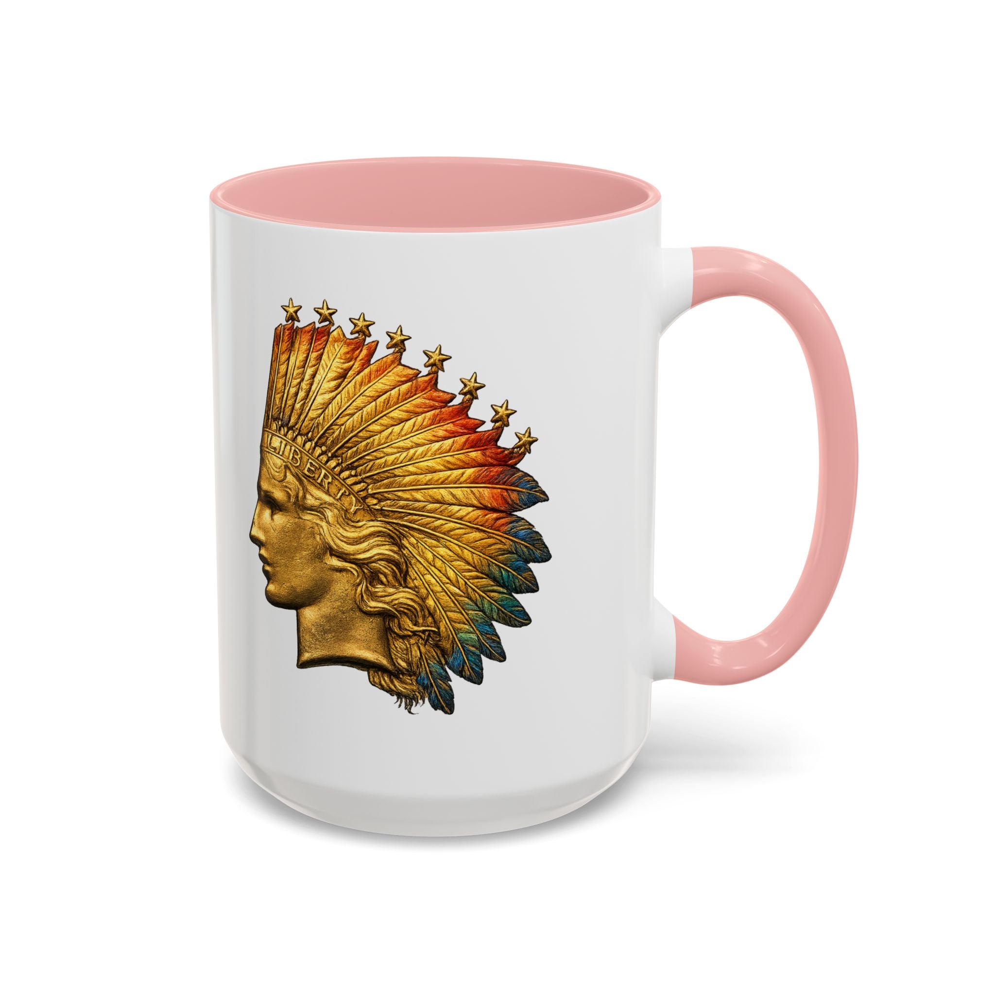 Golden Native Headdress Accent Coffee Mug – Vintage Indian Chief Design (11/15oz)