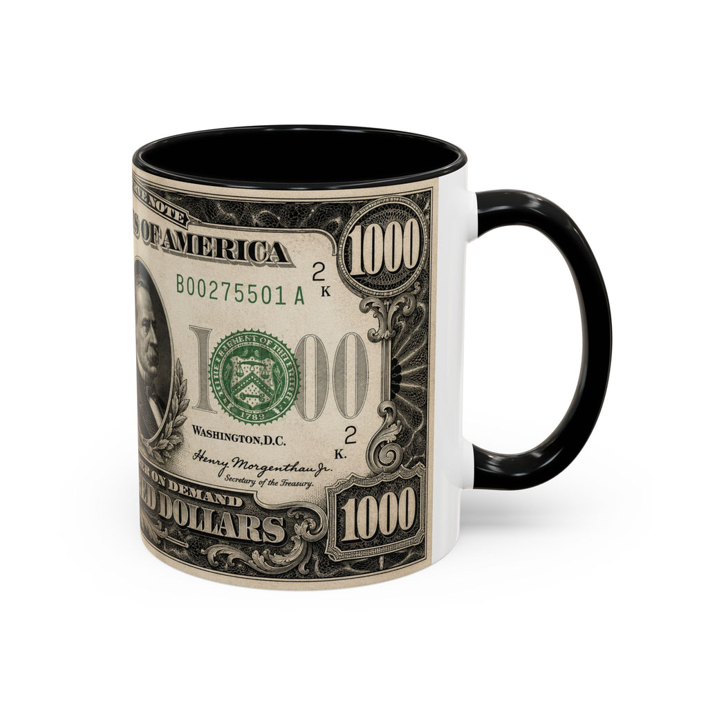 Money Print Coffee Mug — Vintage 1000 & 500 Note Accent Mug
