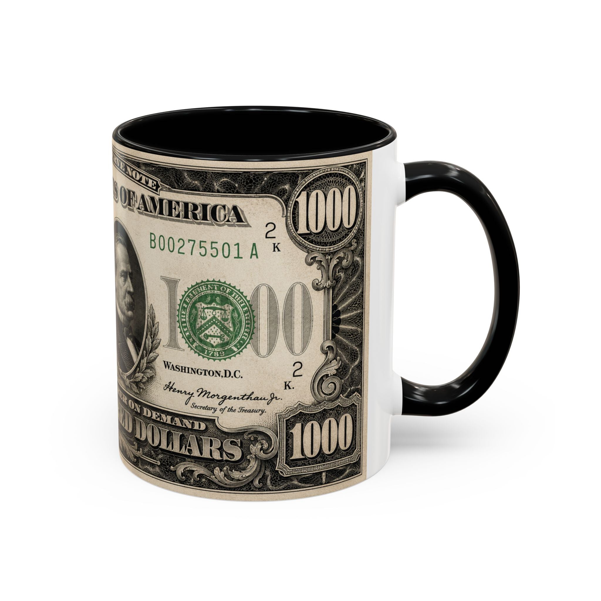 Money Print Coffee Mug — Vintage 1000 & 500 Note Accent Mug