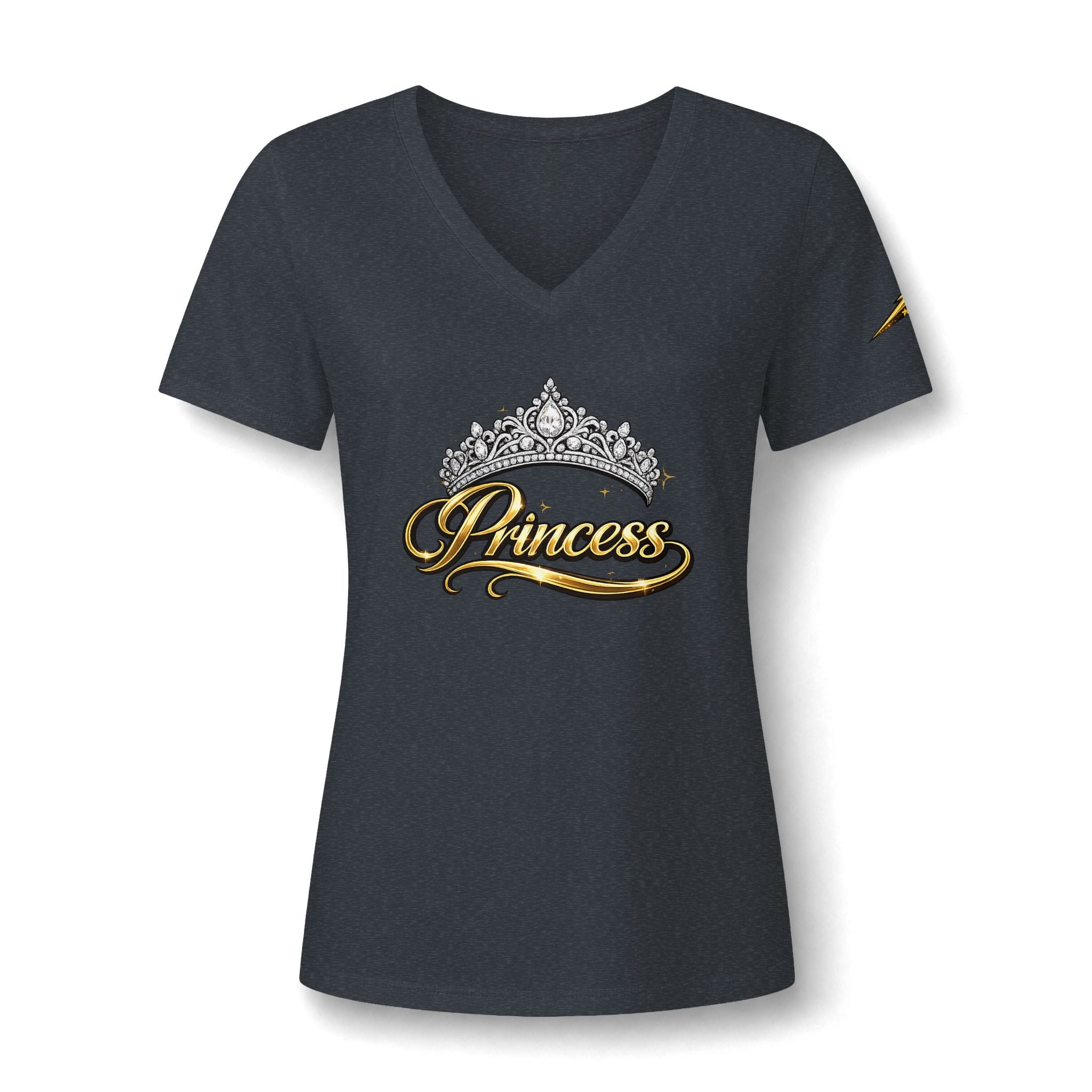 Princess V-Neck Tee — Rhinestone Tiara Graphic Shirt for Women