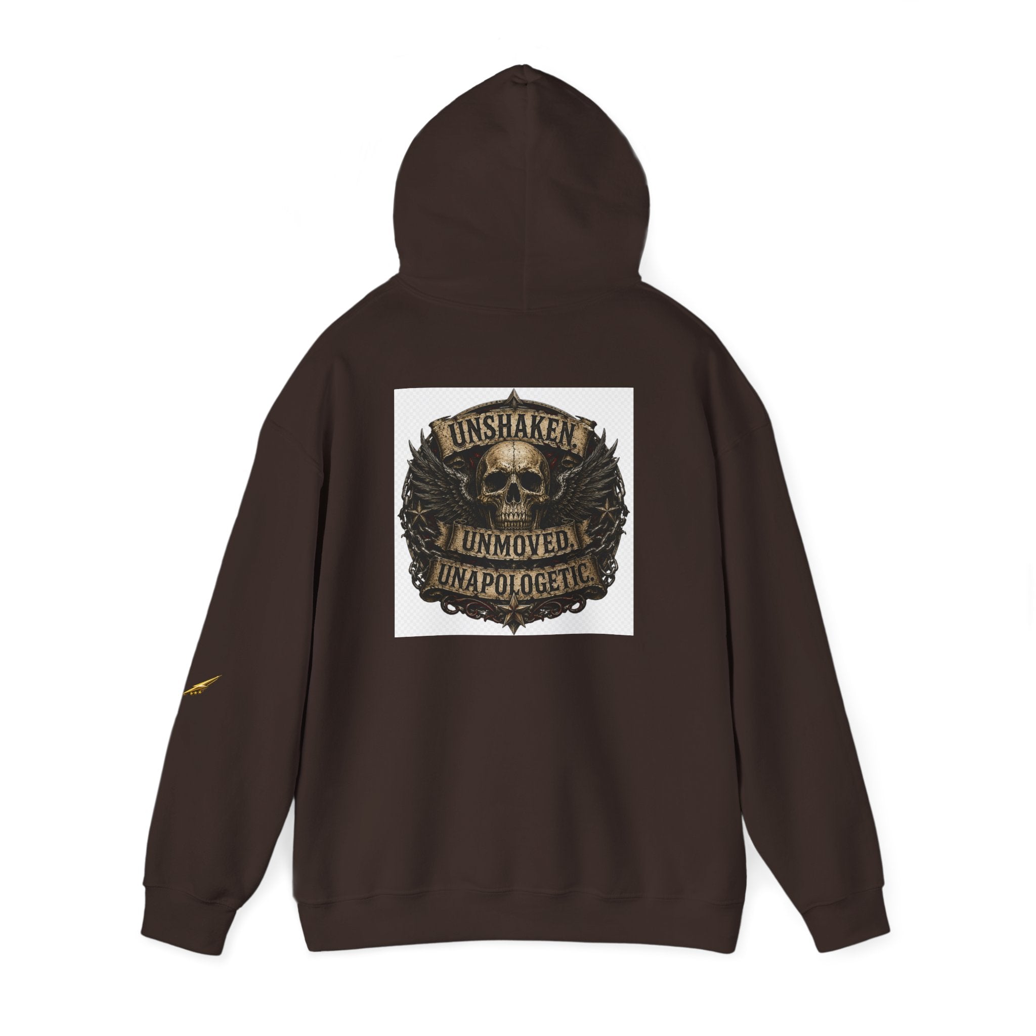 Hoodie — "Unshaken, Unmoved, Unapologetic" Skull Crest Back Print