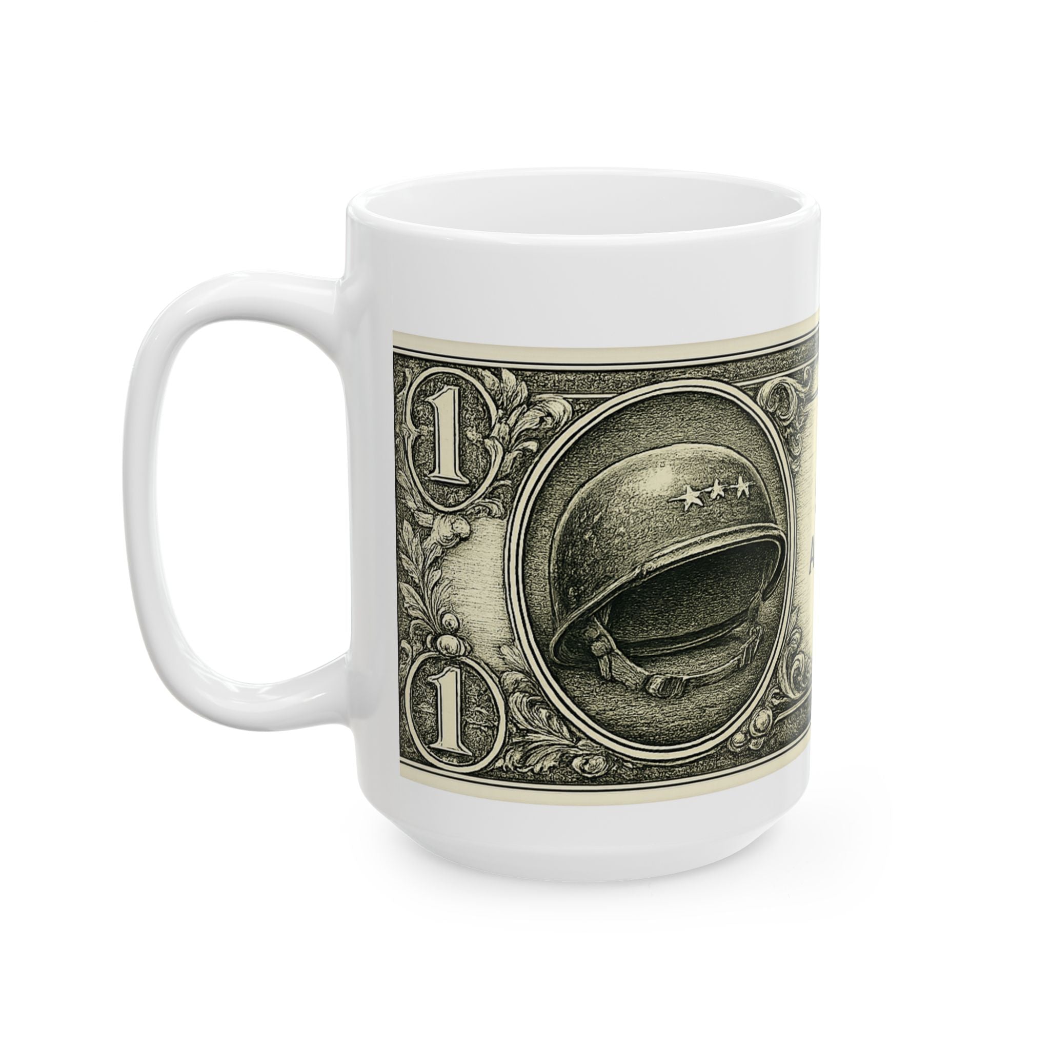 Dollar Bill Quote Mug — “An ounce of sweat will save a gallon of blood” Ceramic Coffee Cup (11oz, 15oz)