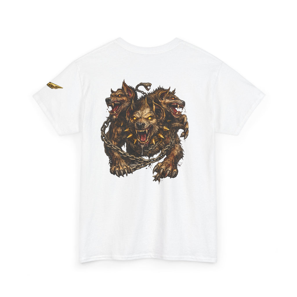 Three-Headed Hellhound Graphic Tee — Mythic Wolf Monster Back Print