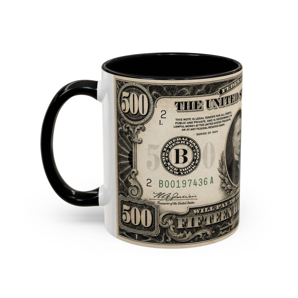 Money Print Coffee Mug — Vintage 1000 & 500 Note Accent Mug
