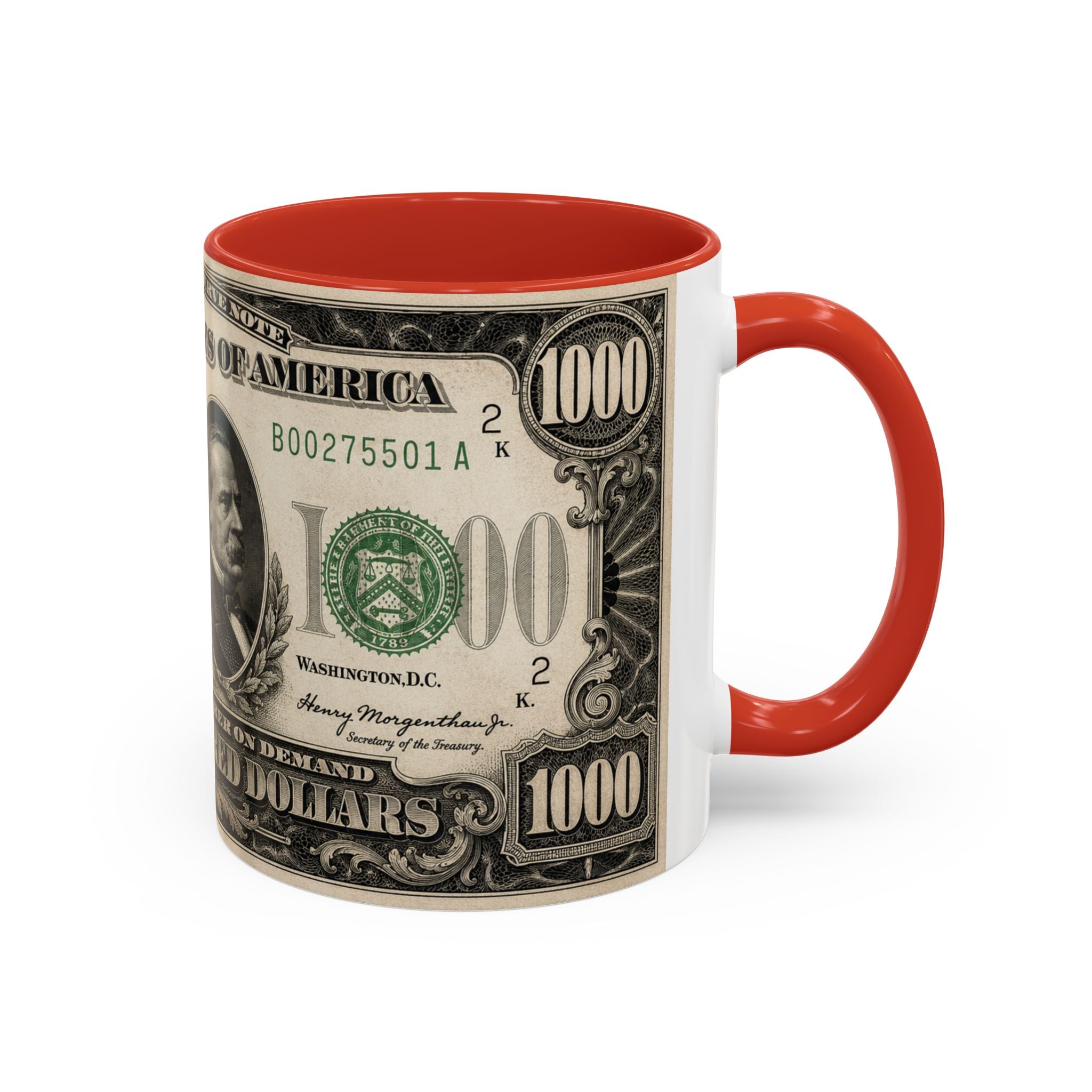 Money Print Coffee Mug — Vintage 1000 & 500 Note Accent Mug