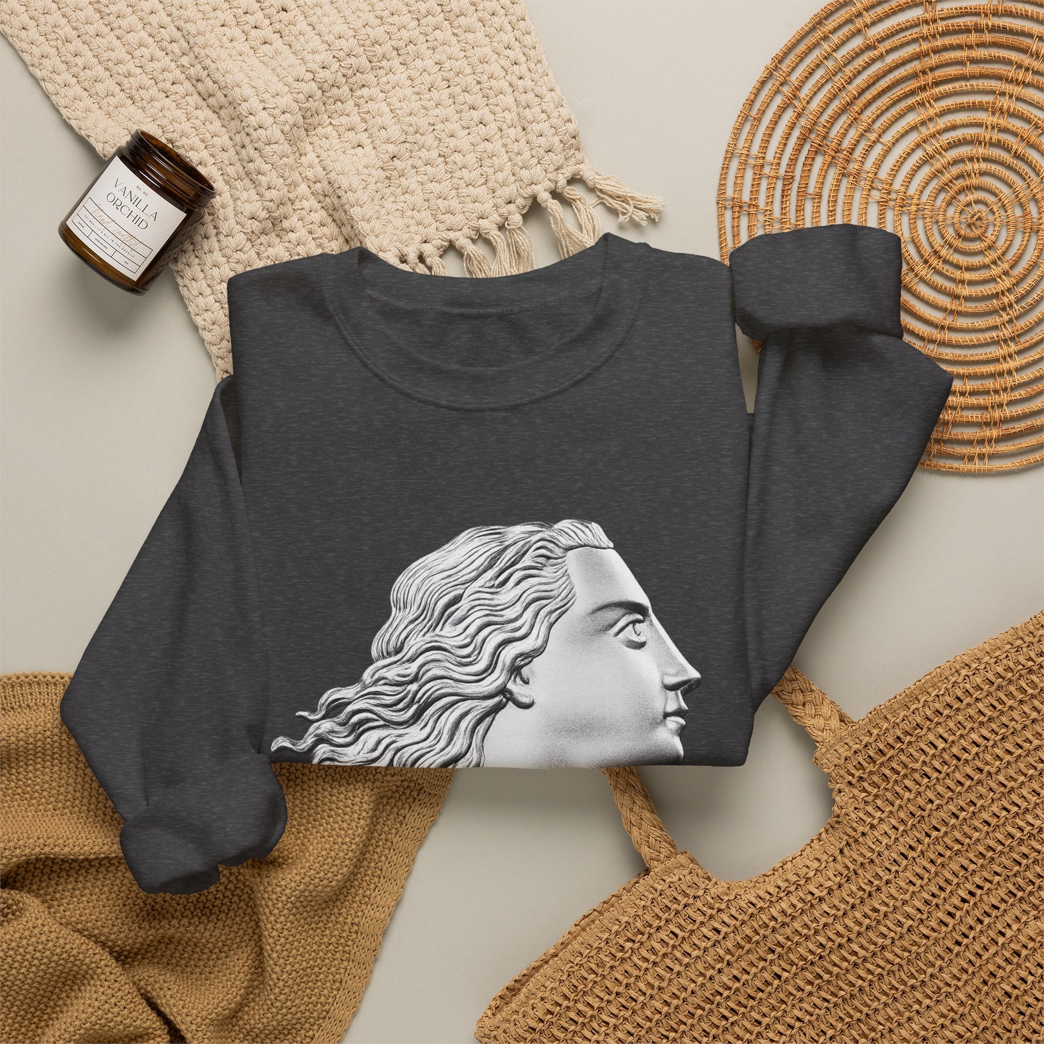 Classical Statue Profile Crewneck Sweatshirt — Sculpted Grecian Head Graphic