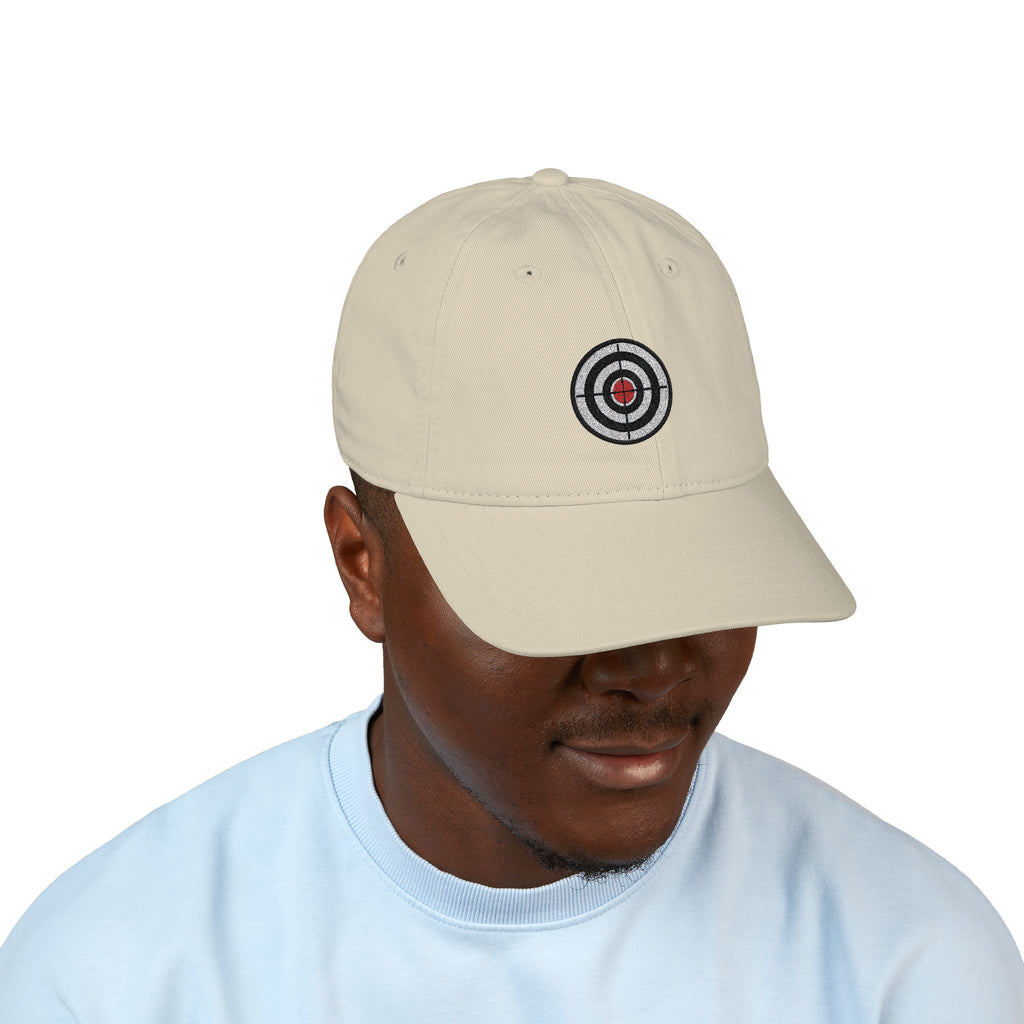 Embroidered Target Baseball Cap — Organic Cotton Dad Hat, Minimal Aim Design