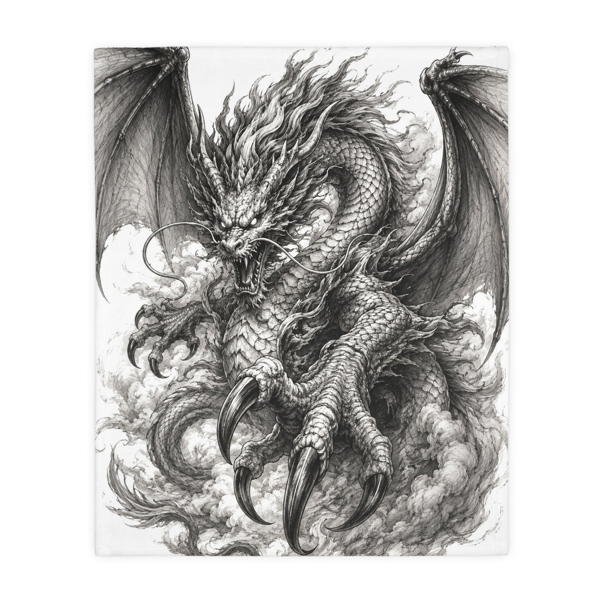 Dragon Claw Velveteen Blanket — Detailed Black & White Fantasy Throw