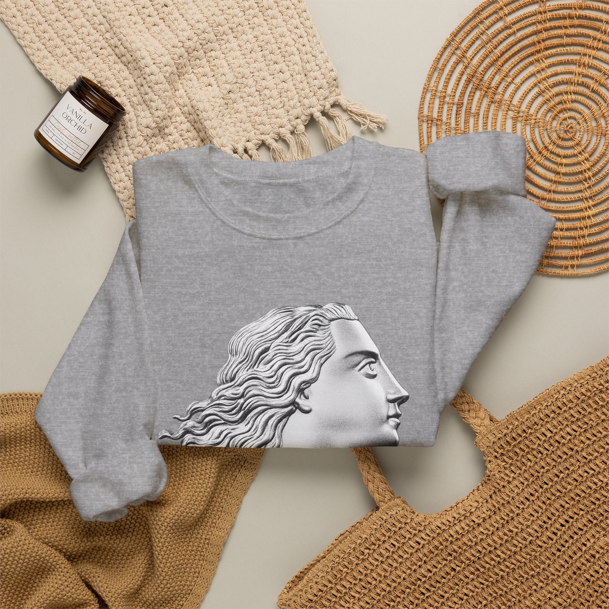 Classical Statue Profile Crewneck Sweatshirt — Sculpted Grecian Head Graphic