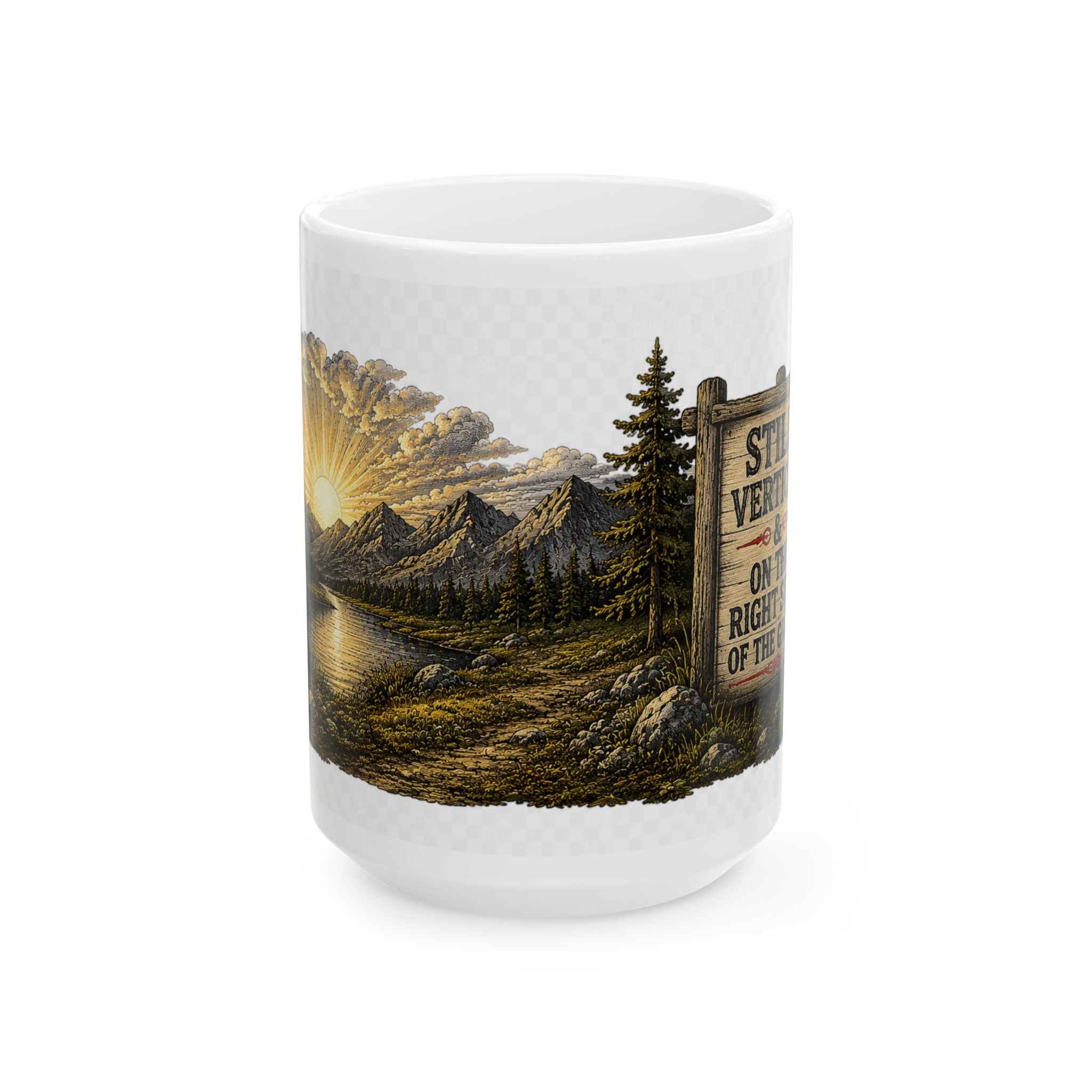 Sunrise Wilderness Ceramic Mug — Scenic Mountains & 'Seek Adventure' Sign (11oz, 15oz)